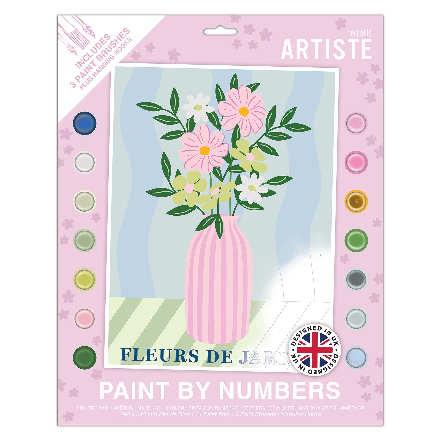 DOCRAFTS ARTISTE Large Paint by Numbers, Vase of Flowers, Summer Craft, 395x295mm Board 14 Acrylic Colour Paint 3 Size Brush Set, Adults Craft, Hobbies Craft, Number Coded Design, Personalised Art