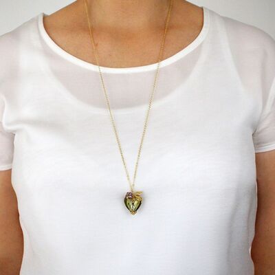 Lange Halskette mit olivgrünem Muranoglas-Herz
