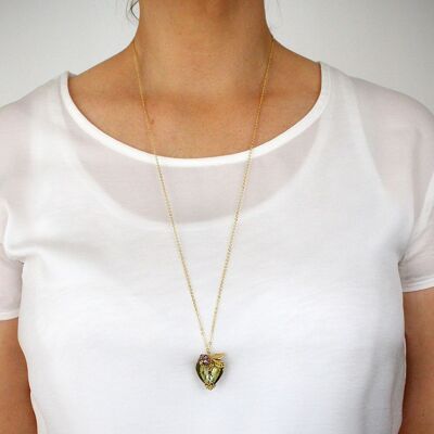 Long necklace with olive Murano glass heart