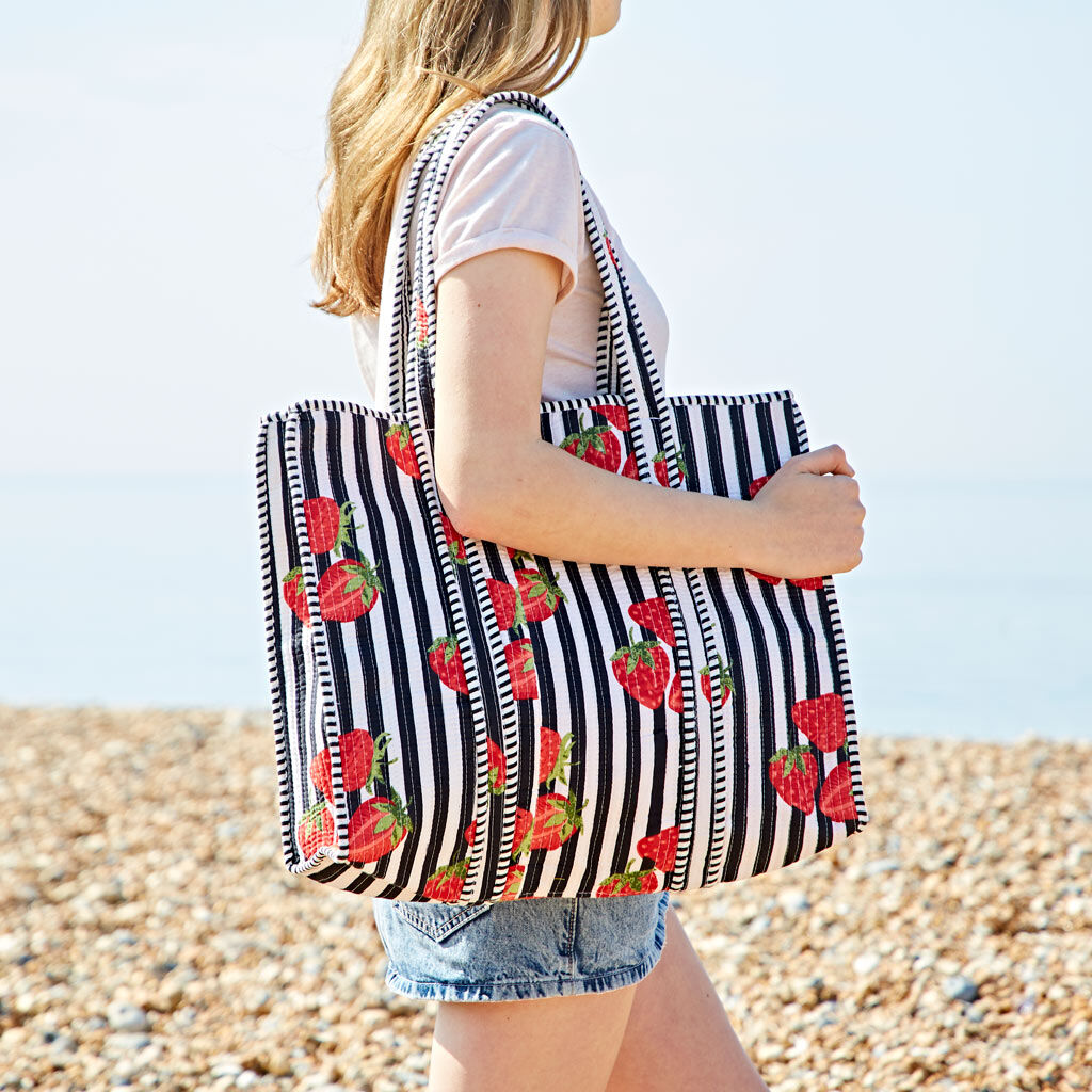 Strawberry Print Quilted Cotton Tote Bag