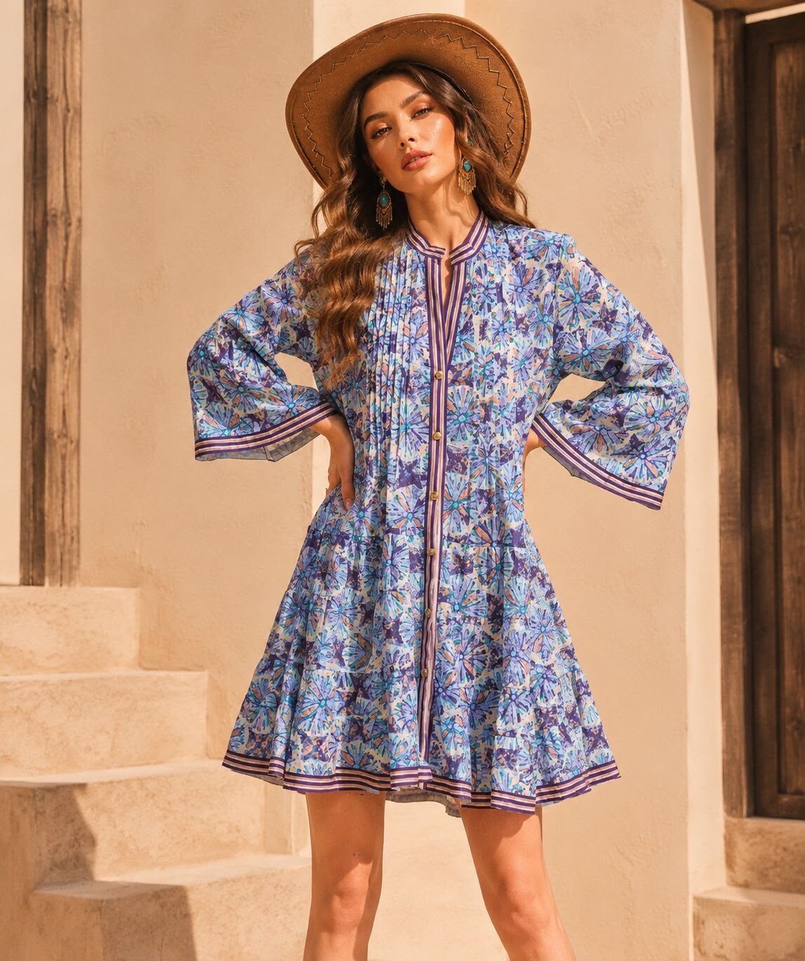 Short trapeze dress in printed cotton