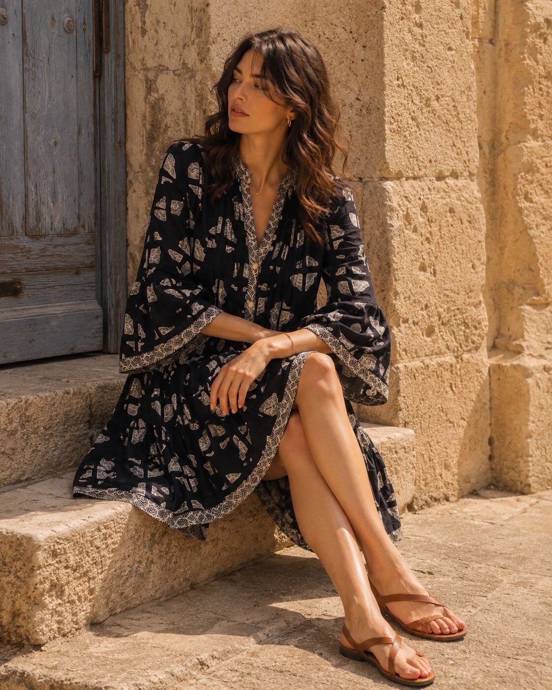 Short trapeze dress in printed cotton