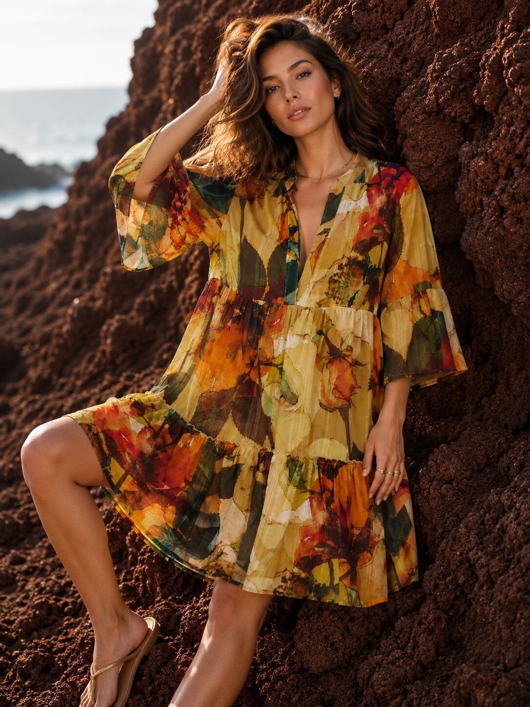 Short dress in bohemian print cotton with 3/4 sleeves