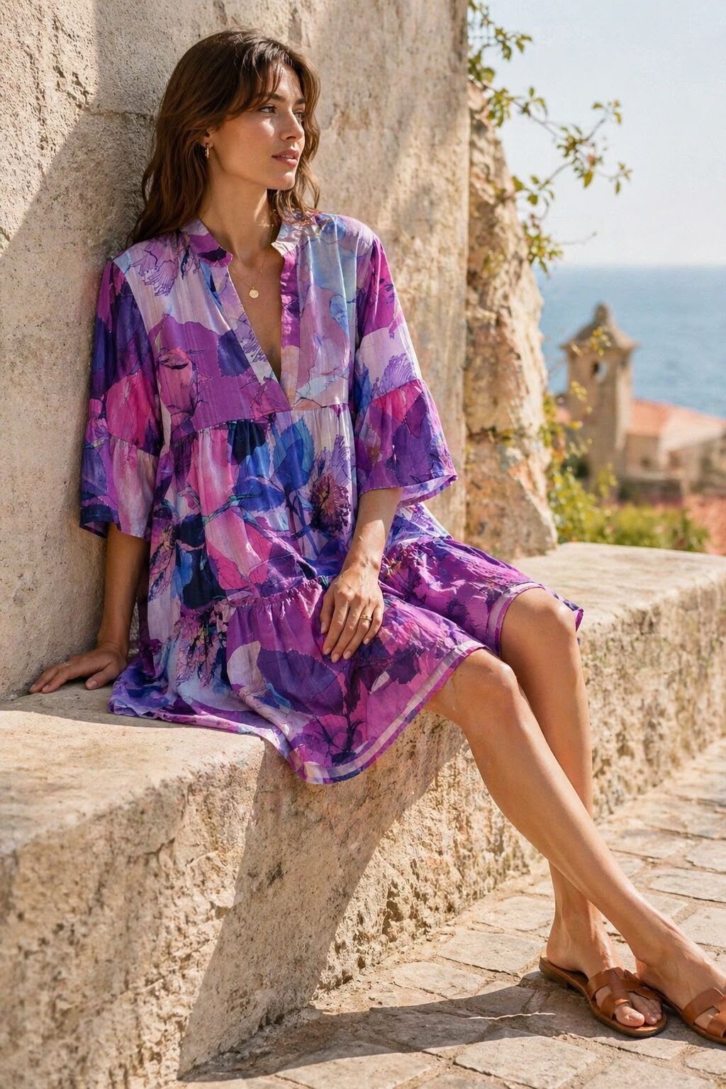 Short cotton dress with V-neck