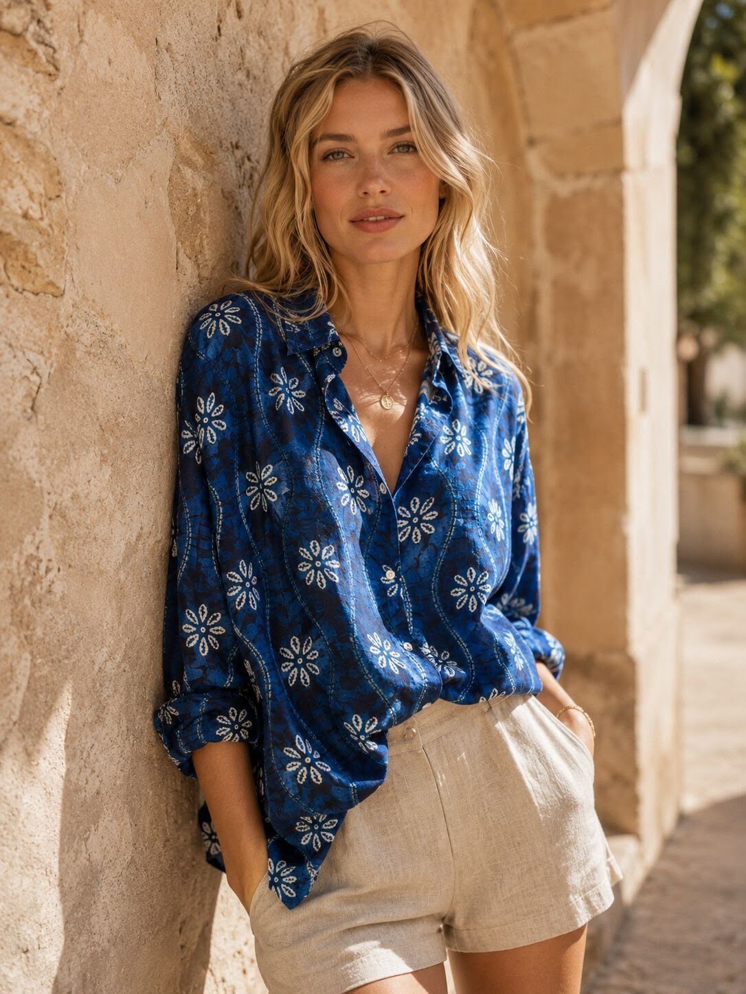 Straight-cut, long-sleeved cotton shirt with a bohemian print