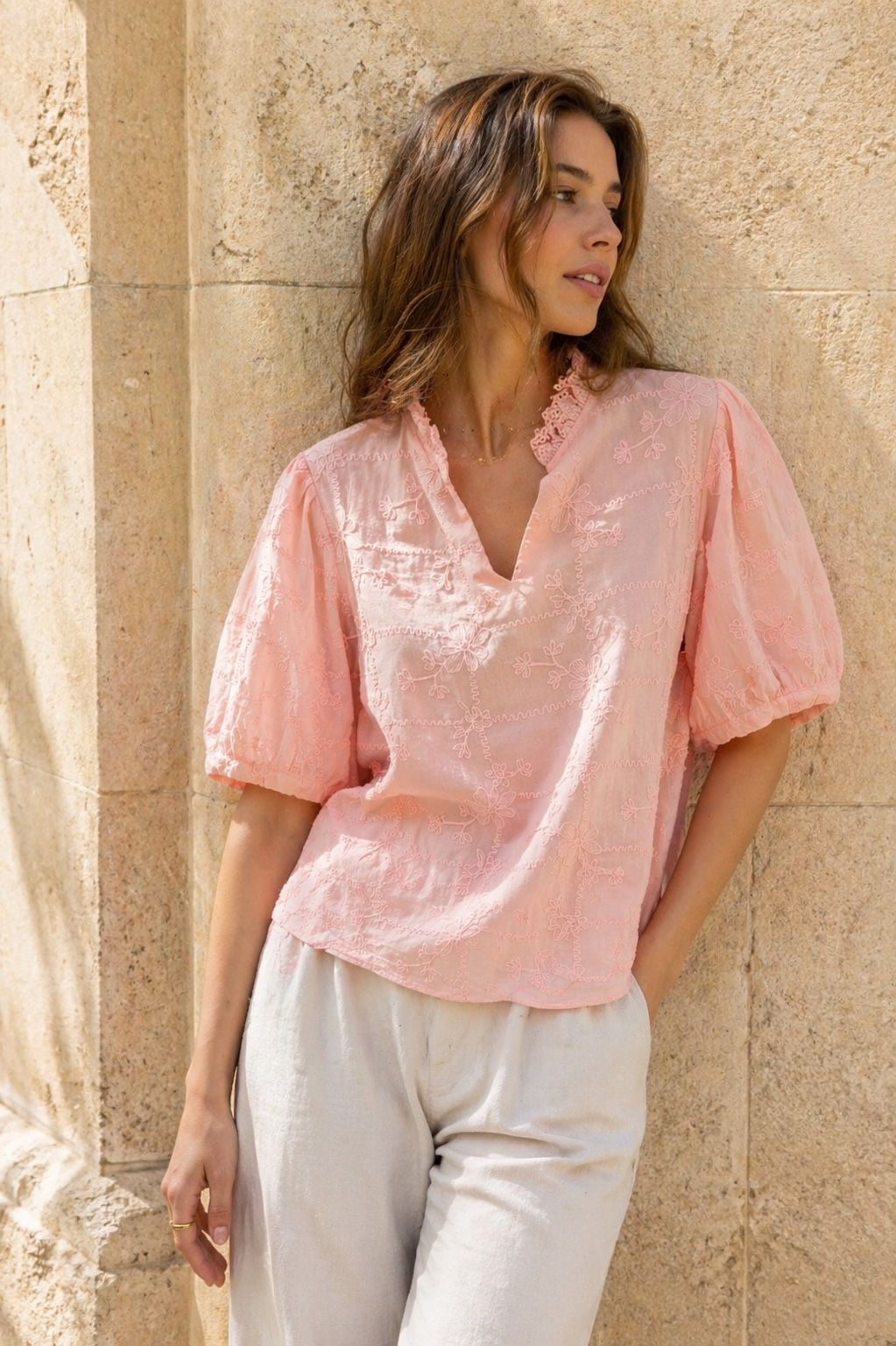Floral embroidered blouse with ruffled collar and puff sleeves