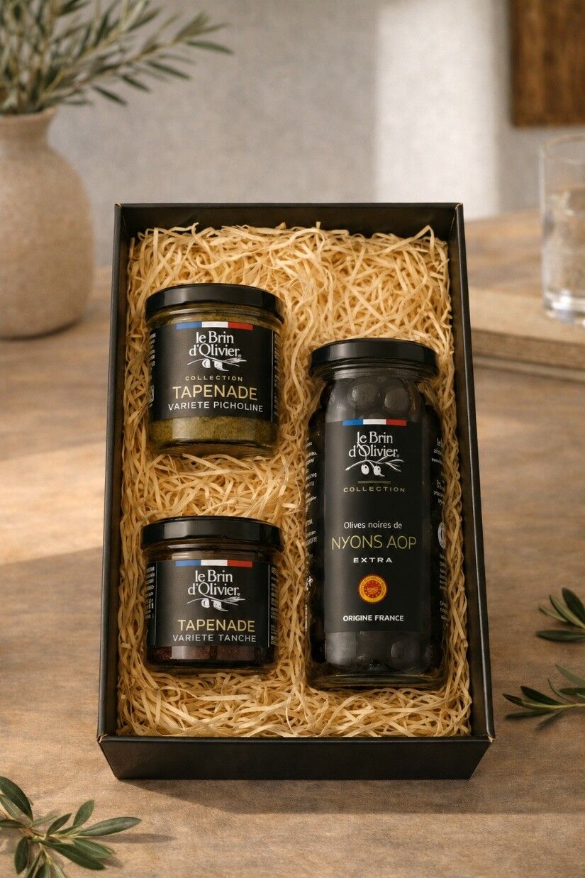 Coffret Cadeau- 1 bocal olives noires AOP Nyons et 2 tapenades -  origine France