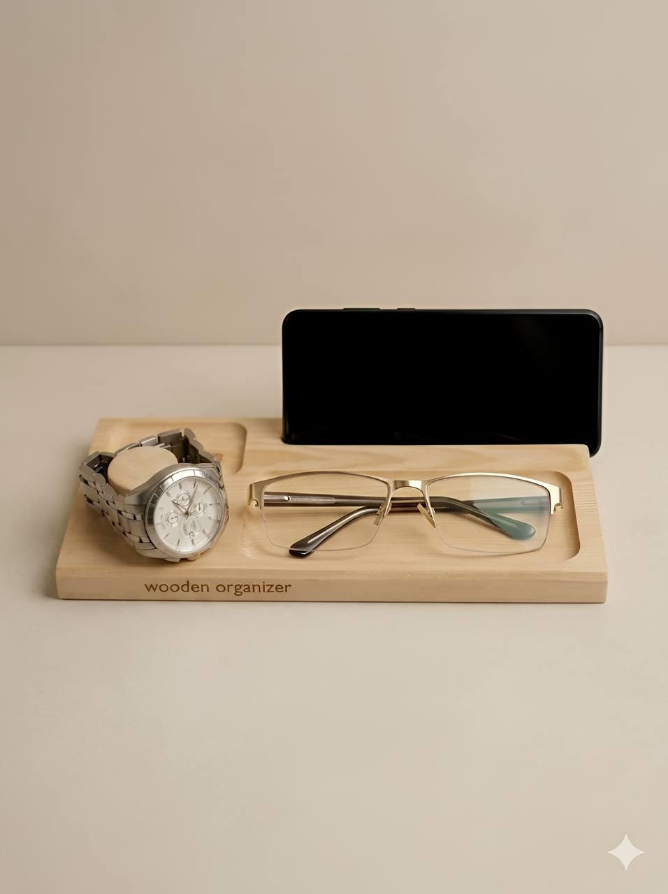 Wooden Bedside Organizer, Phone Stand, Watch Holder, Glasses Tray, Minimalist Decor