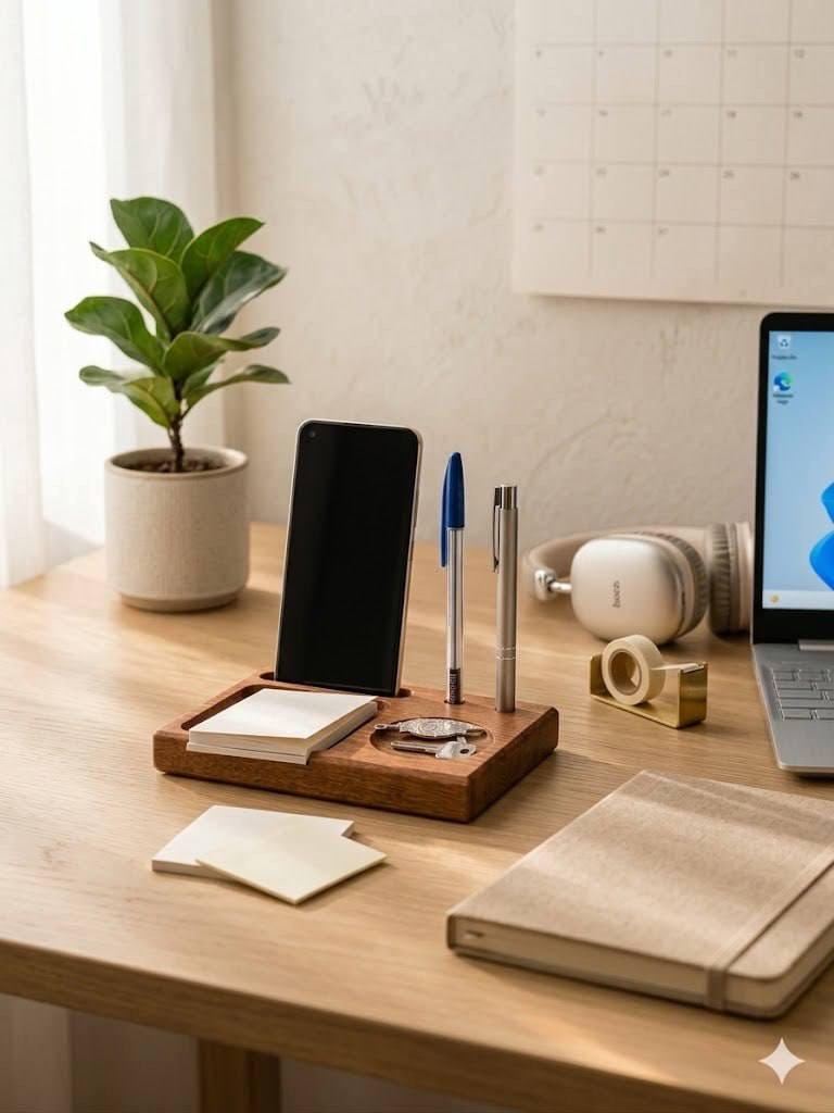 Handmade Wooden Desk Organizer, Phone Stand, Pen Holder, Notepad Tray