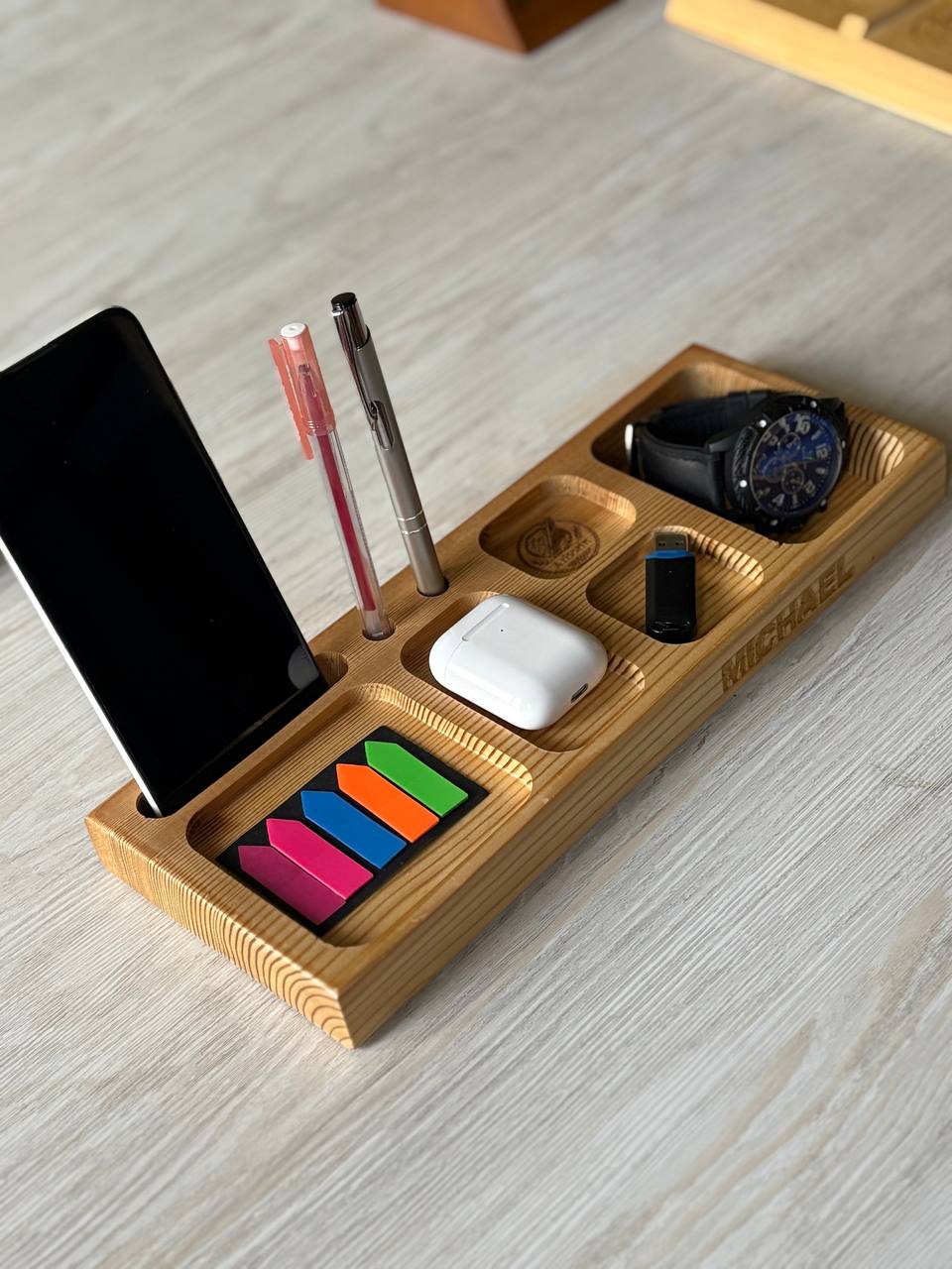 Personalised Handmade Wooden Desk Organizer | Custom Name Engraving | Phone Stand | Pen Holder | Watch Tray | AirPods Holder | Men's Office Gift | Customised Desk Caddy