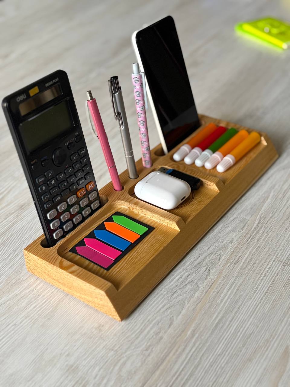 Handmade Wooden Desk Organizer with Calculator & Phone Stand | Pen Holder | Marker Tray | AirPods Holder | Student Desk Caddy | Back to School Gift | Large Office Organizer