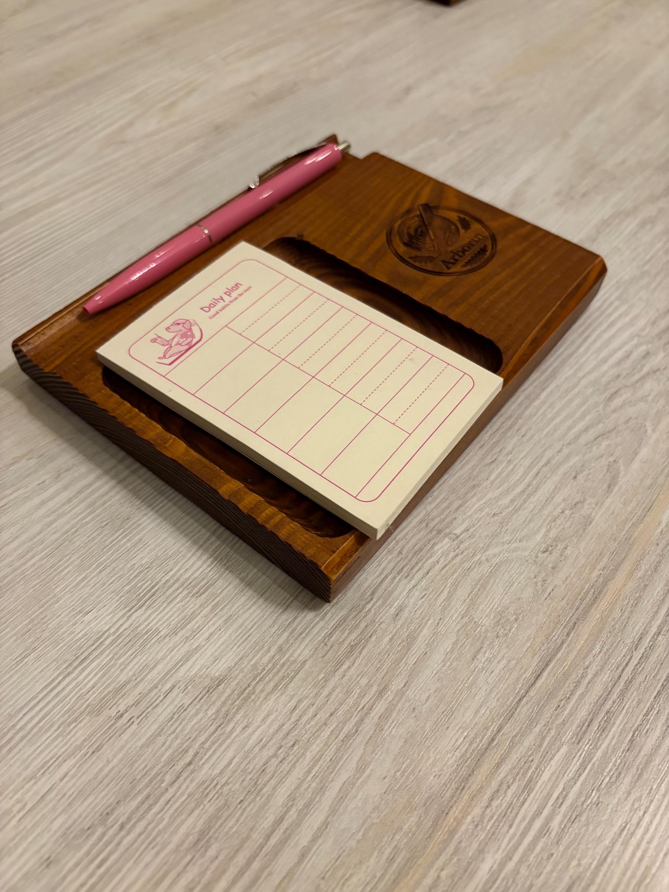 Personalized Wooden Notepad Holder, Engraved Desk Memo Tray, Office Organizer, Custom Logo Gift