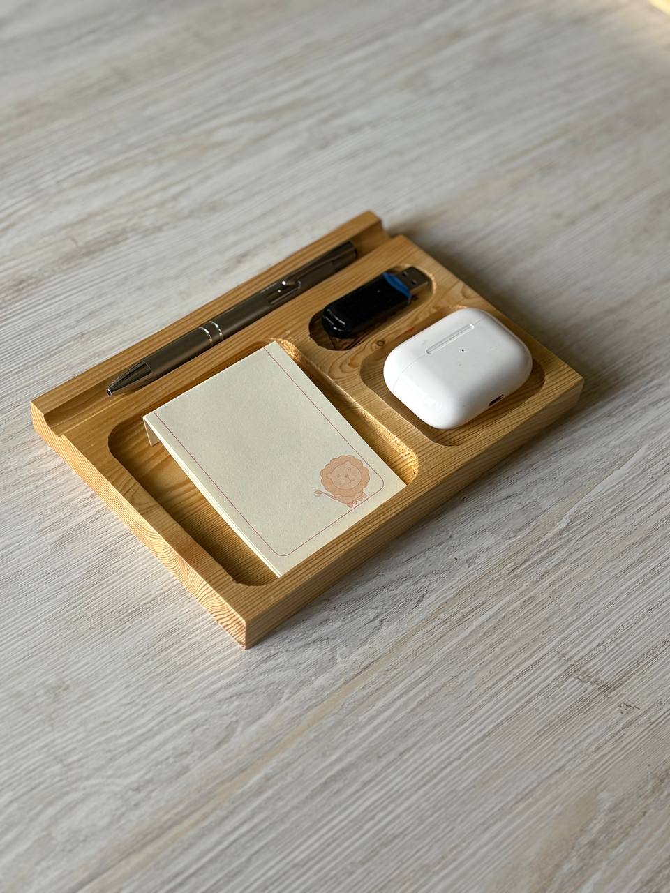 Handmade Wooden Desk Organizer with Sticky Note Holder | Pen Tray | AirPods Stand | USB Storage | Minimalist Office Desk Tray | Home Office Organizer | Unique Gift for Him