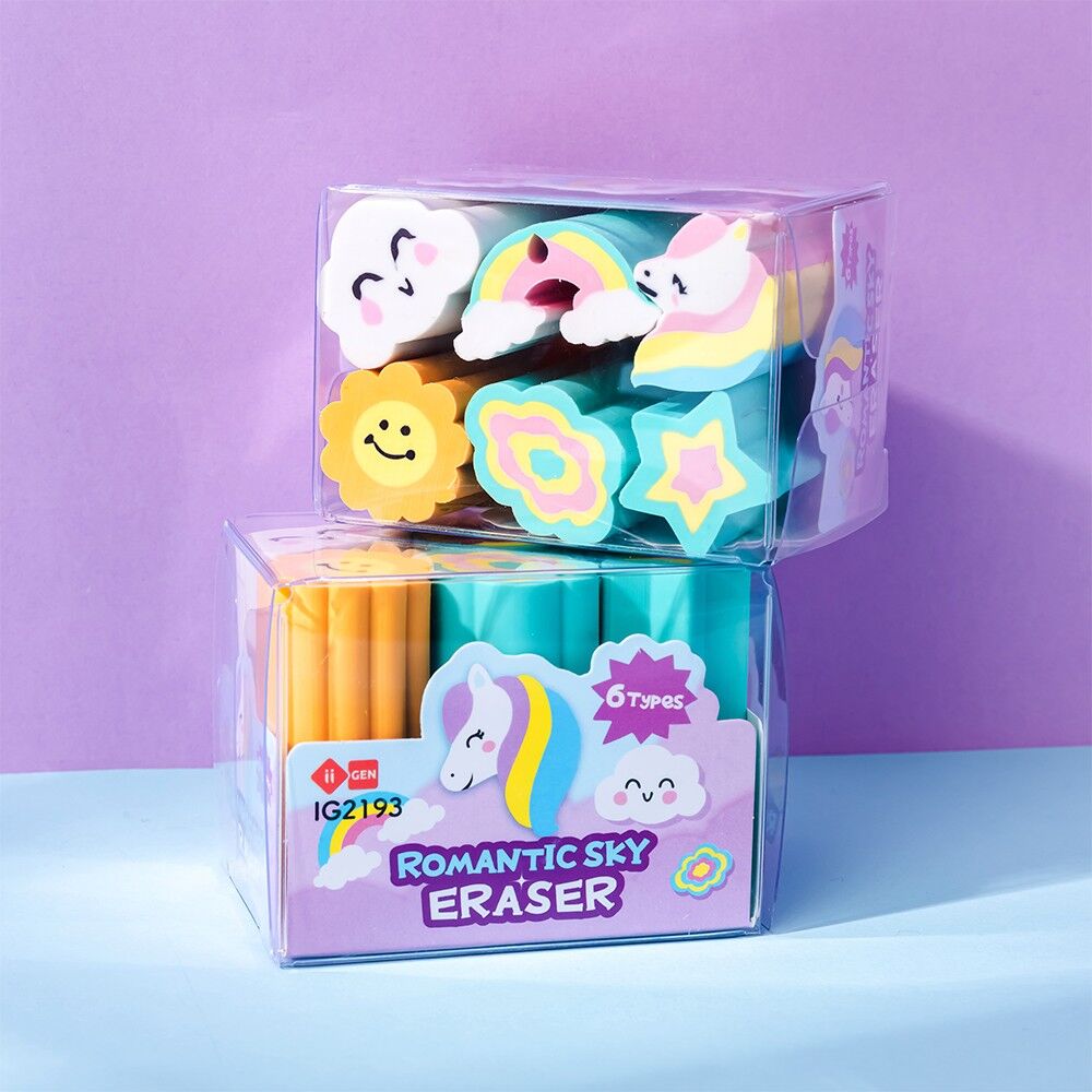 Set mit 6 Kawaii-Radiergummis in verschiedenen Farben – Romantisches Himmelblau