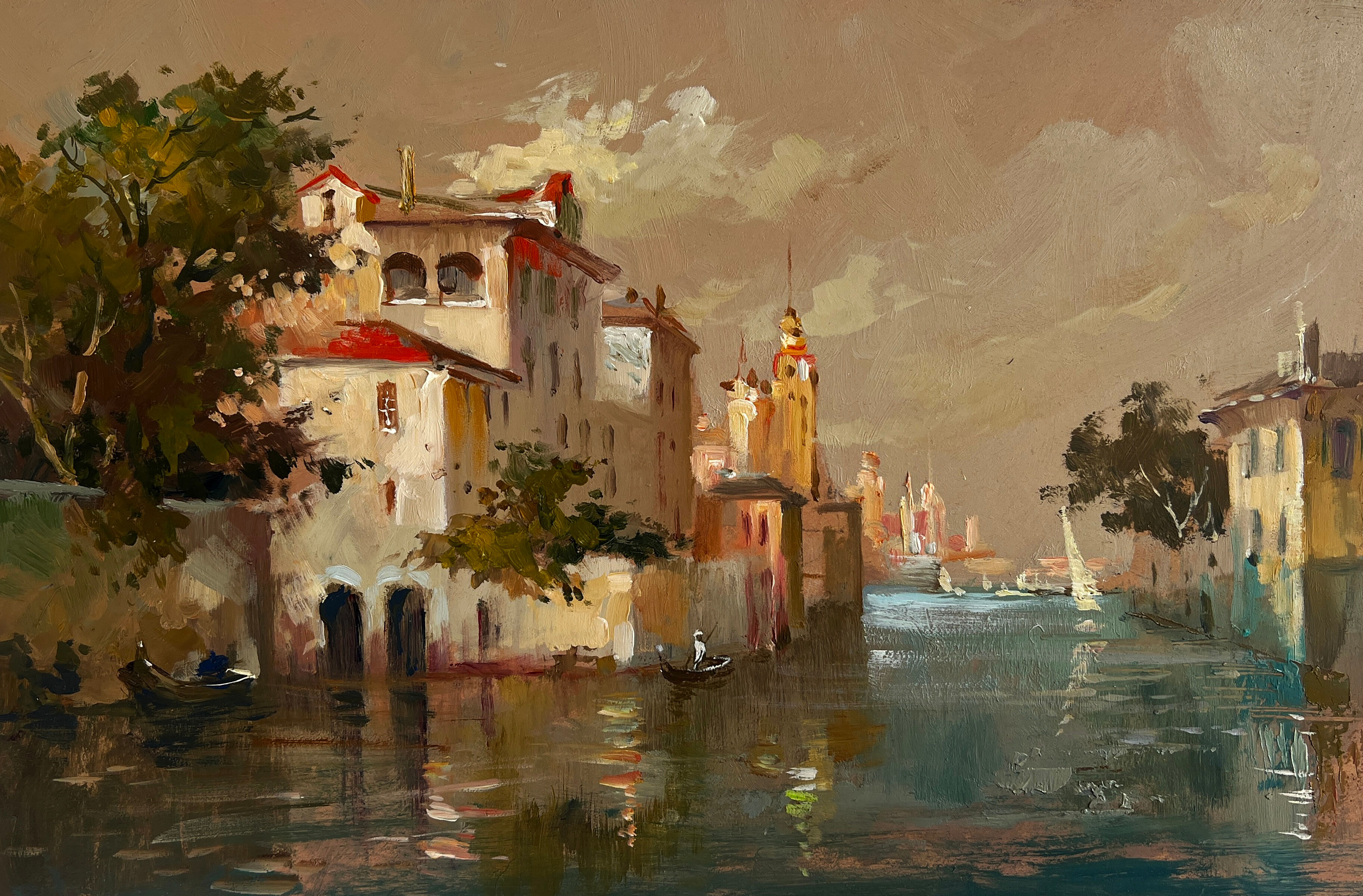 Óleo sobre lienzo "Noche romántica en Venecia" de Yuriy Suprunchuk, 20x30 cm.