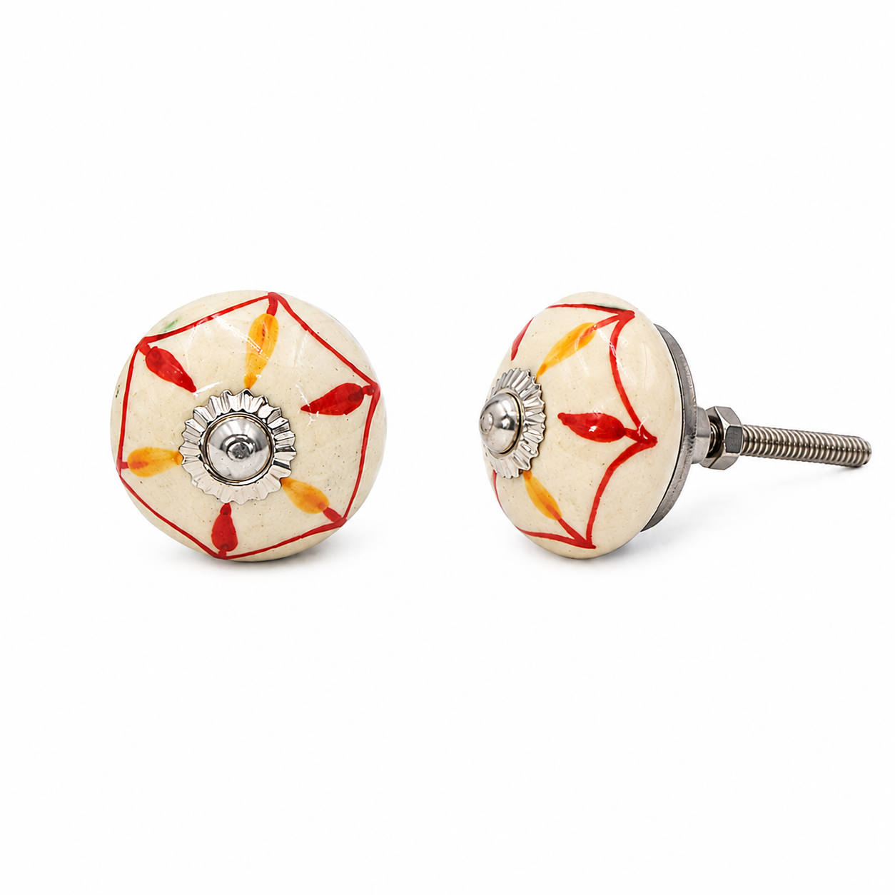 Pomello per cassetto in ceramica di forma rotonda, rosso e giallo