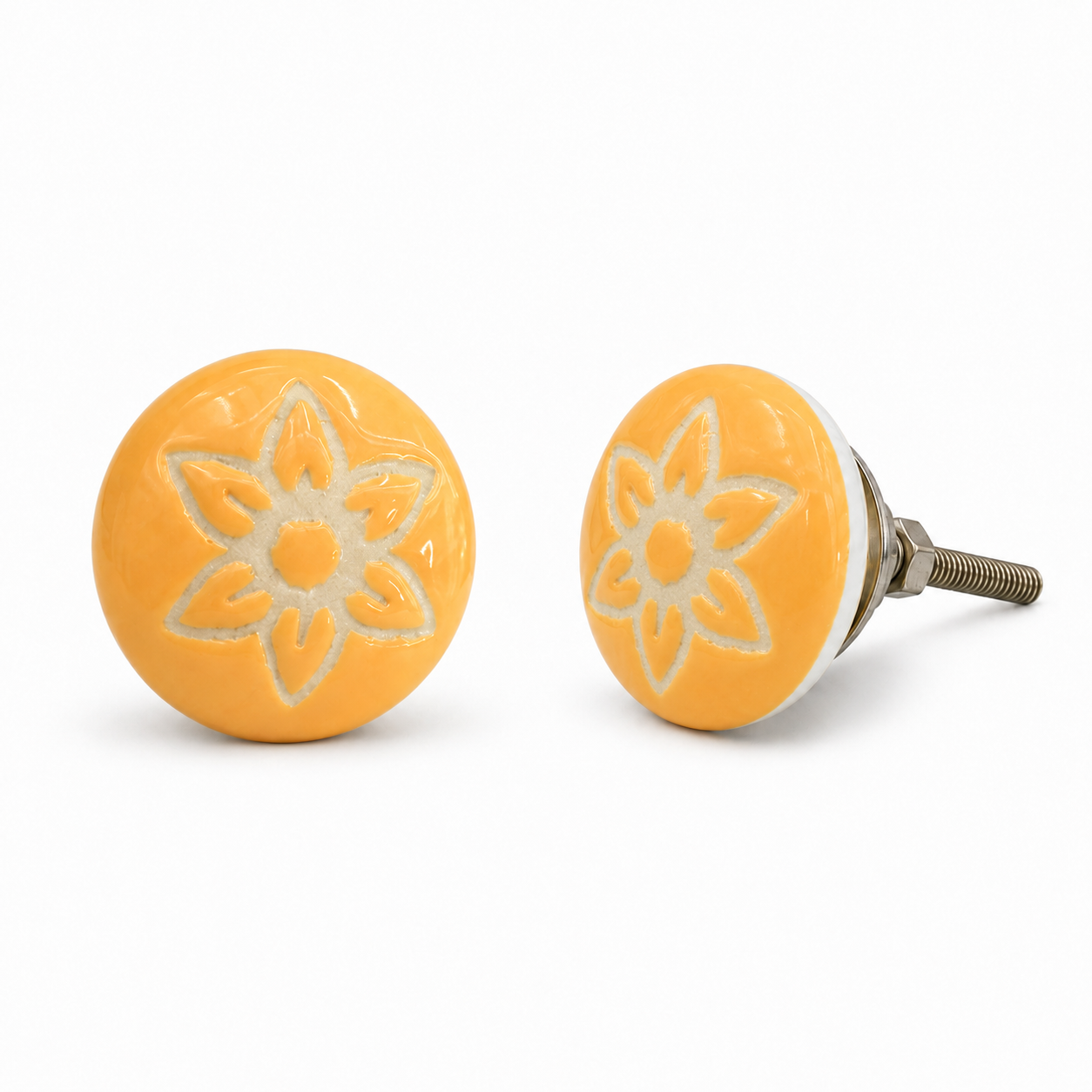 Pomello per mobile in ceramica con motivo floreale, giallo e bianco, di forma rotonda