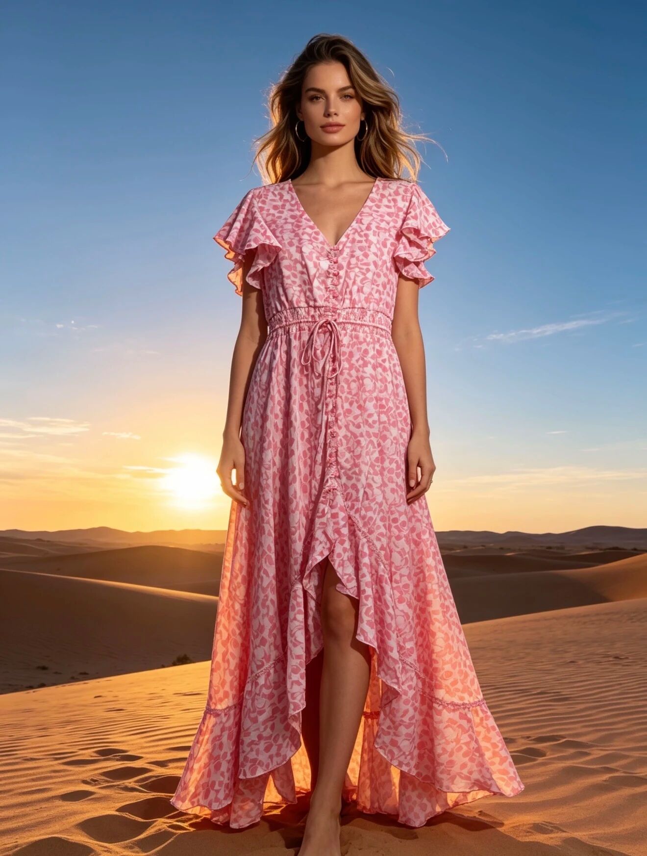 Asymmetrisches Maxikleid mit Printmuster, V-Ausschnitt und Knopfleiste vorne.