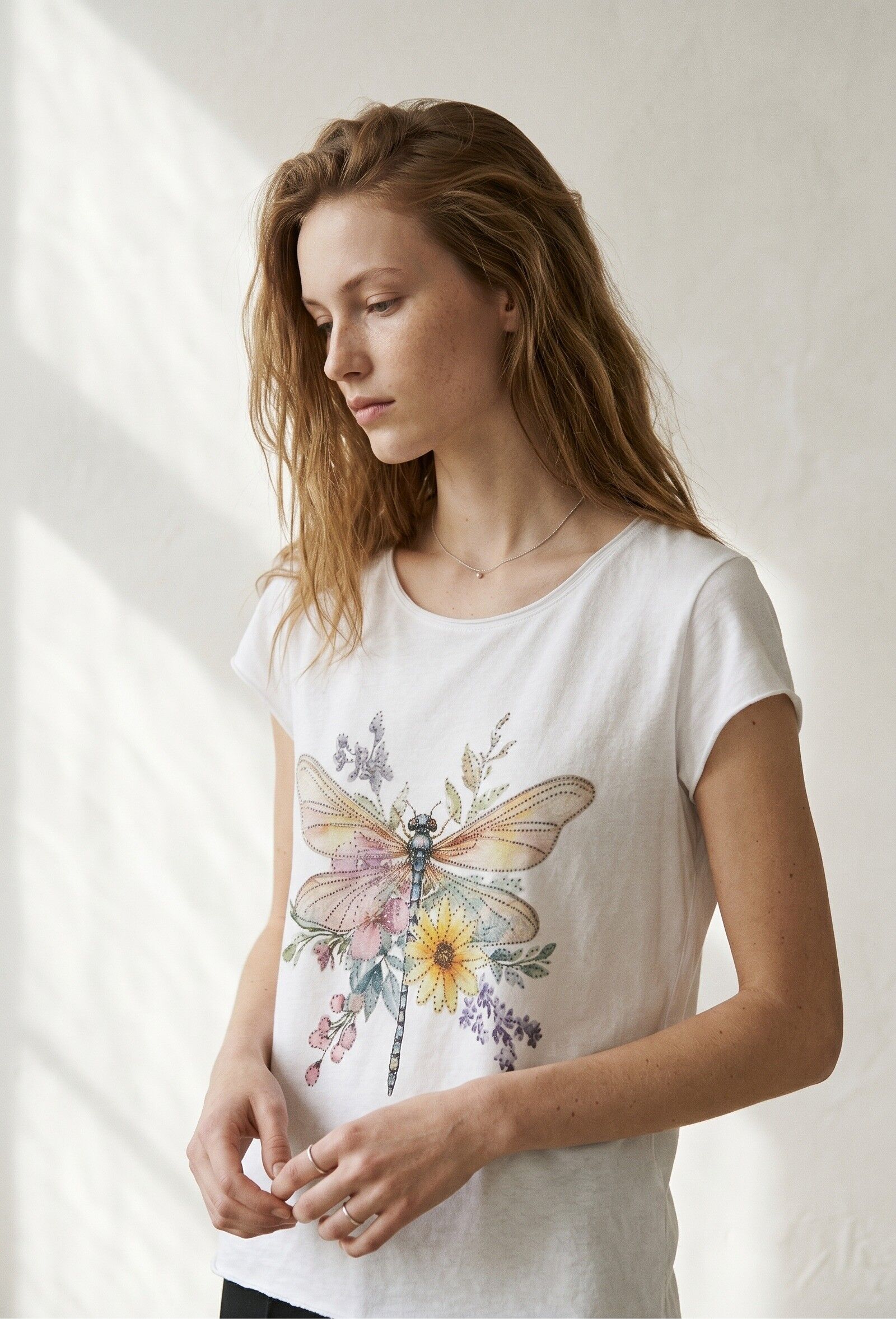White T-shirt with Dragonfly and Flower Pattern