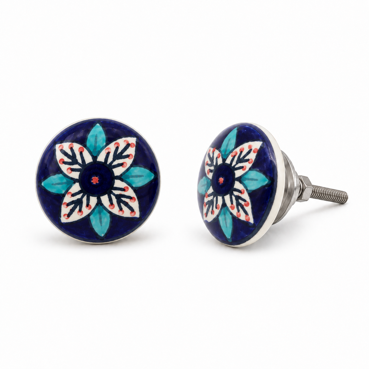 Piccolo pomello per cassetto in ceramica blu con motivo floreale