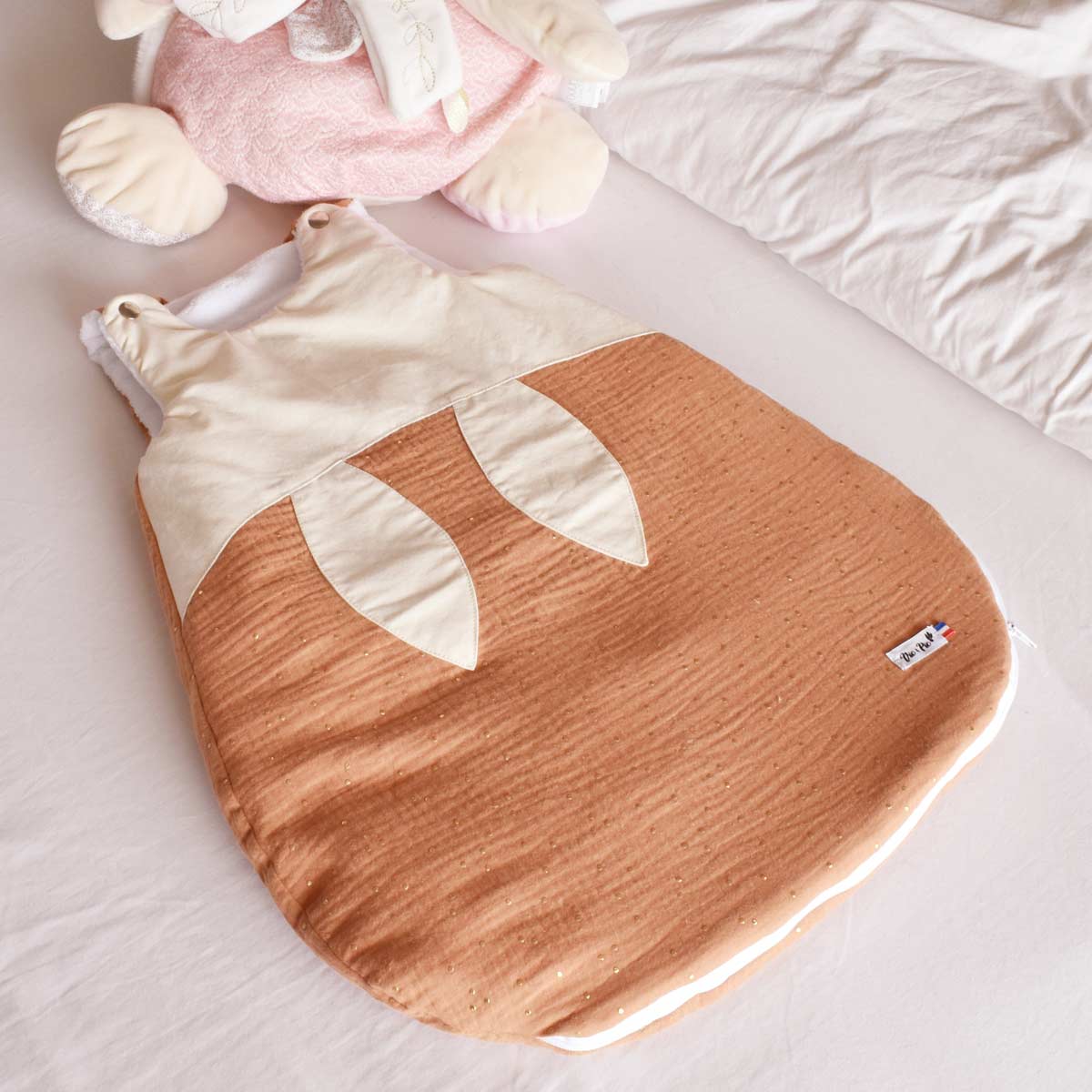 Baby sleeping bag with leopard print - handmade in France - Oeko-Tex fabric - Caramel gauze