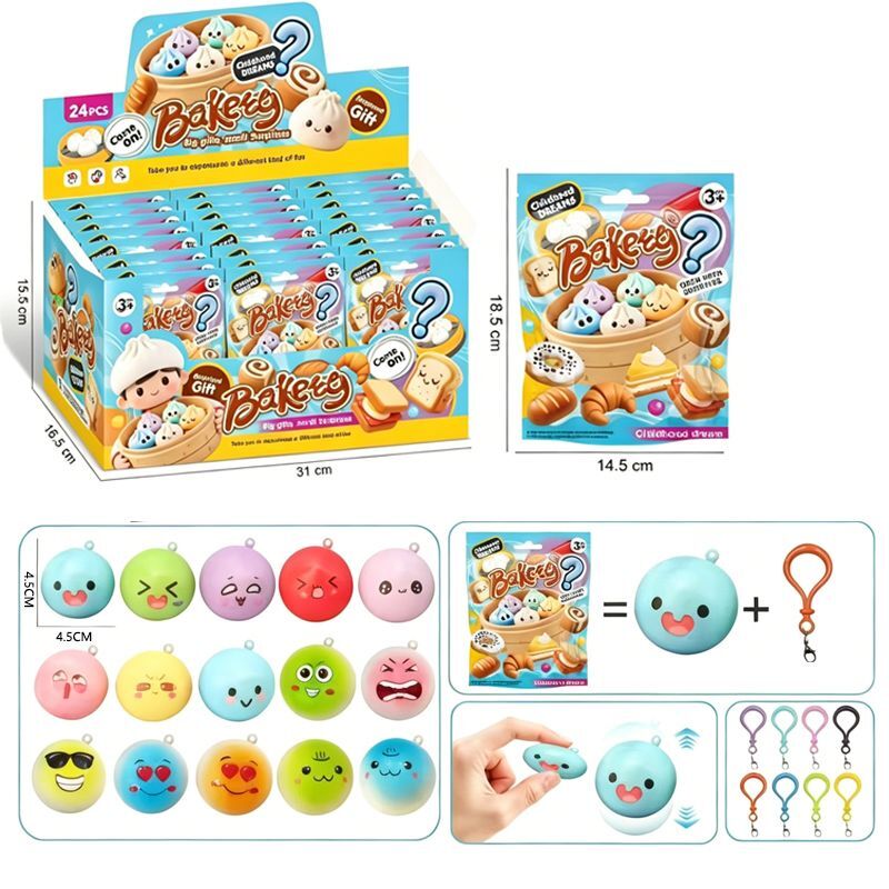 Porte-clés Dumpling à remontée lente en PU 4,5 cm - Sachet surprise de 24 pièces