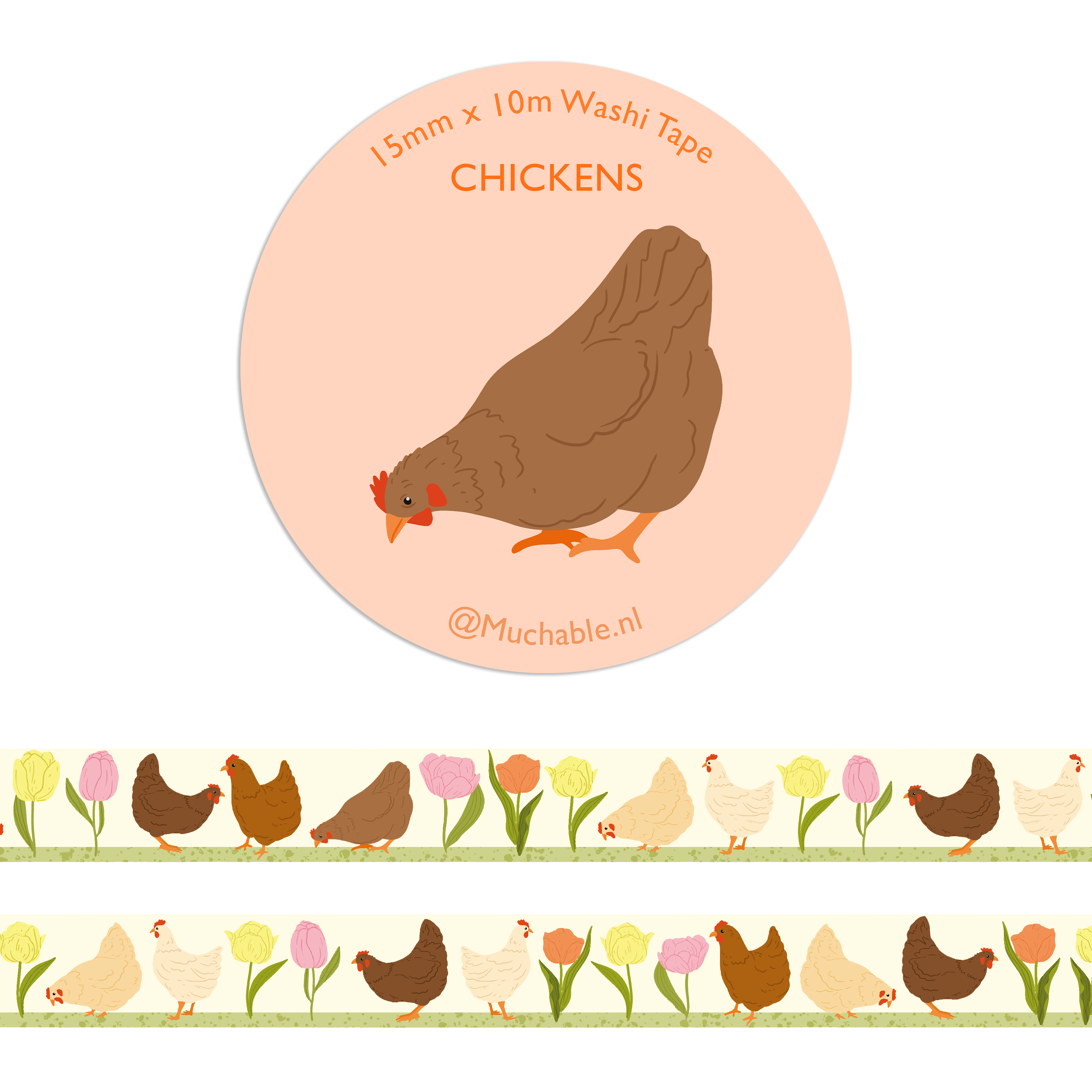 Washitape/paper tape - Cute chickens & tulips illustration