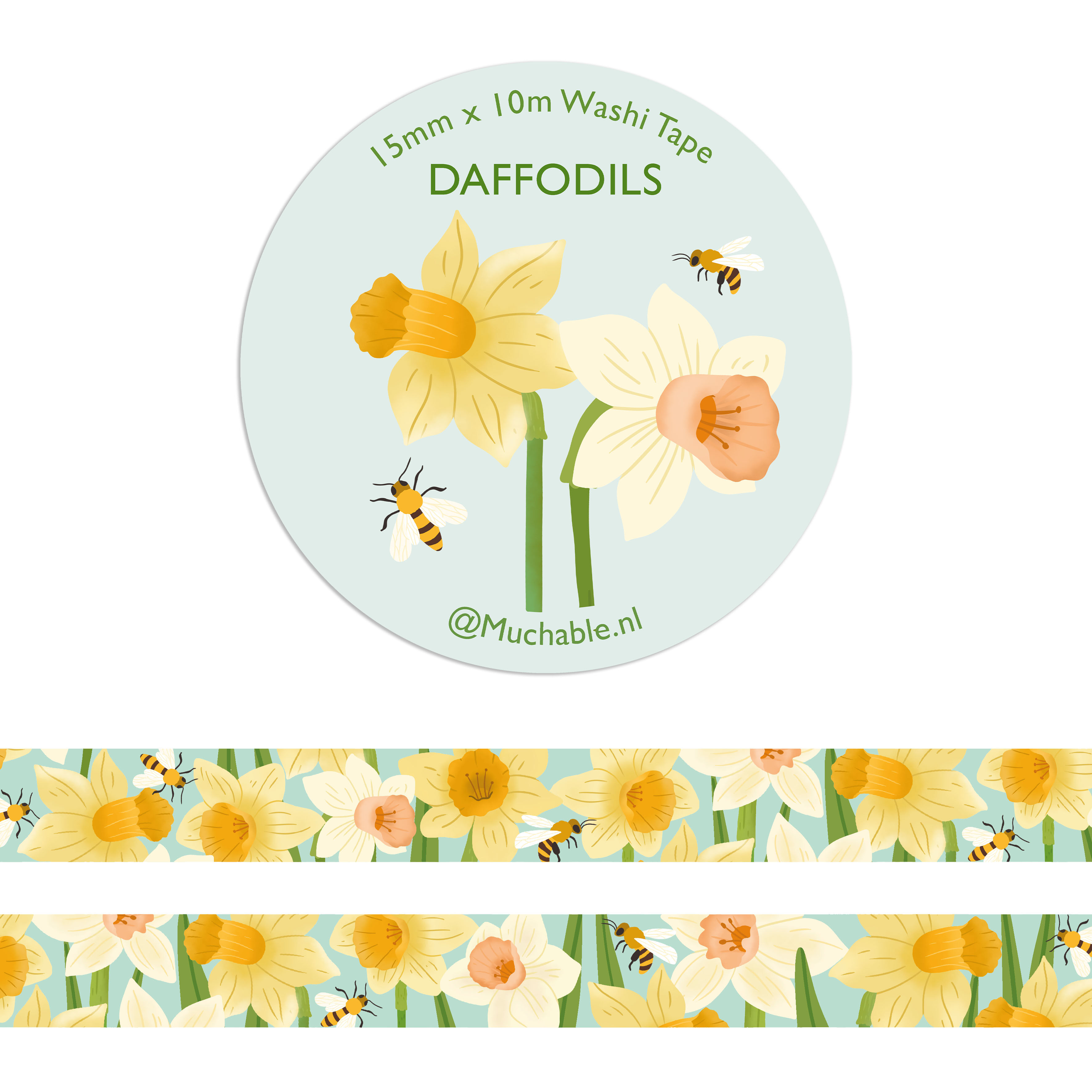Washitape/paper tape - Cute flowers, daffodils illustration pattern