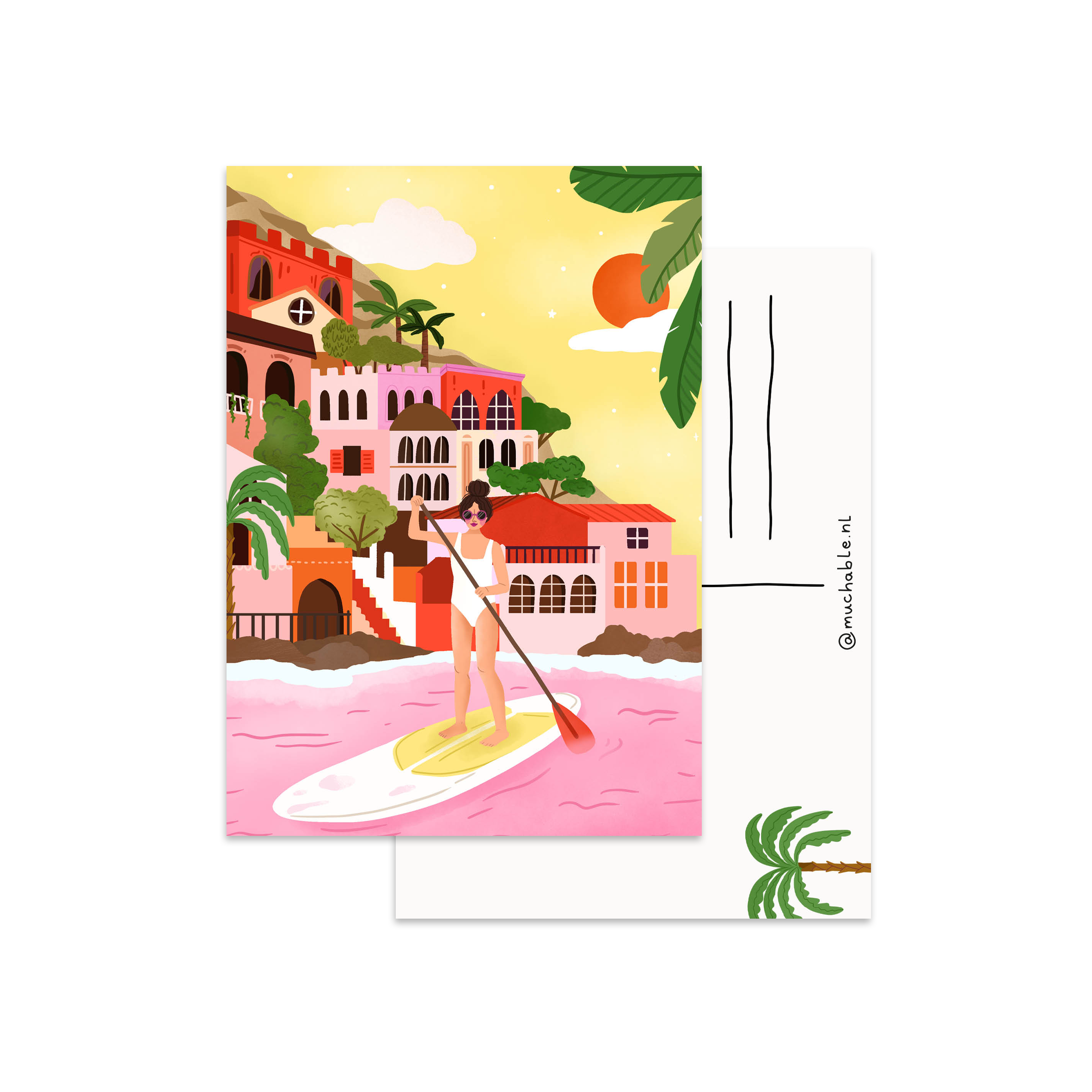Card design - girl paddle boarding - surfboard - Italy illustration