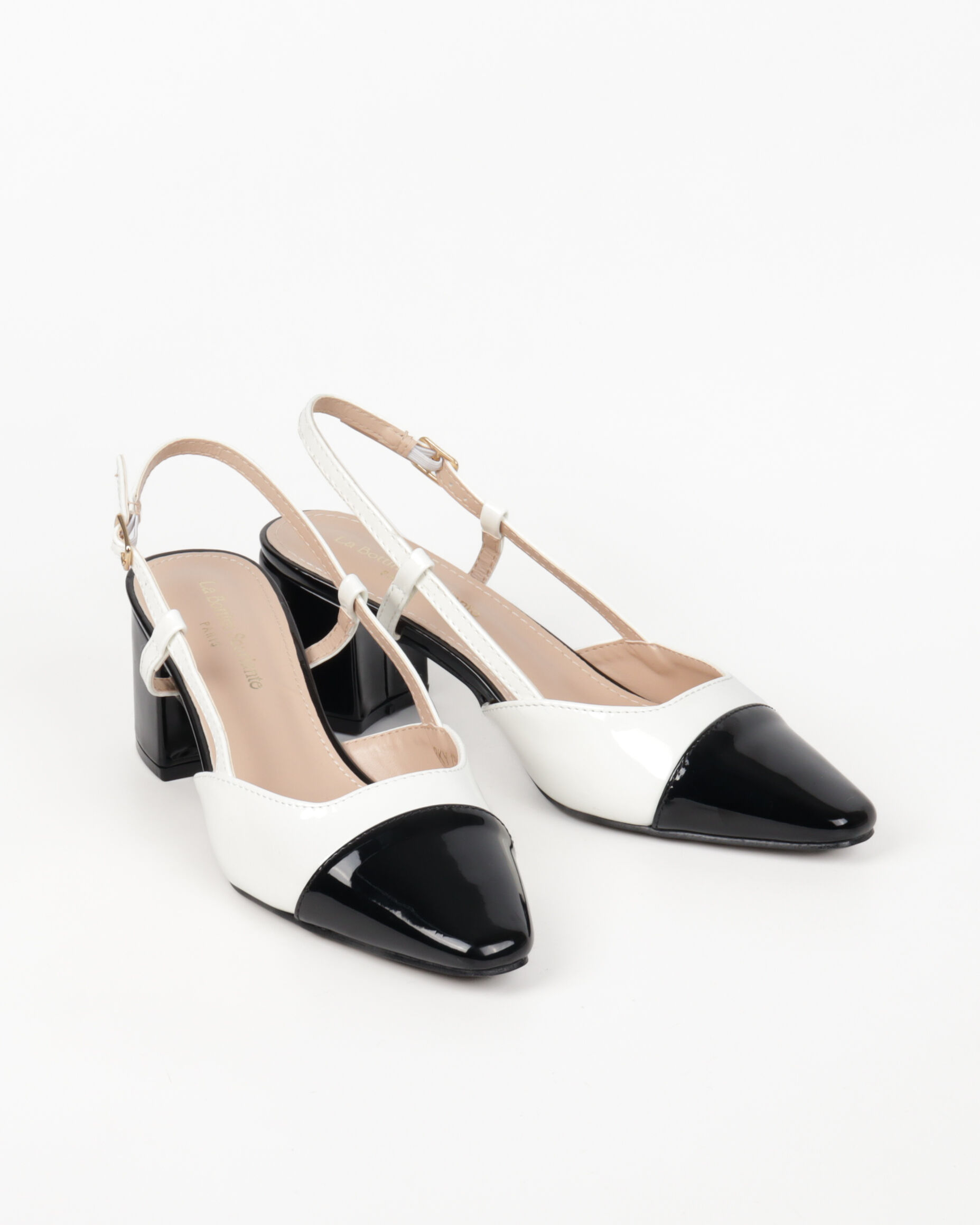 Women's slingback pumps, pointed patent leather toe and block heel