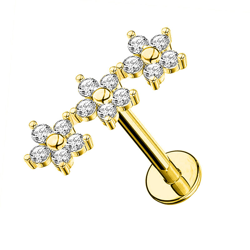 Labret Piercing with Three Flowers and Zirconia