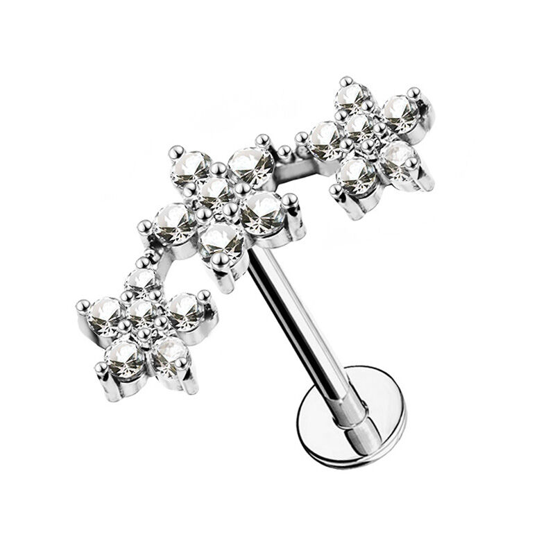 Three-Flower Curved Labret Piercing with Zirconia