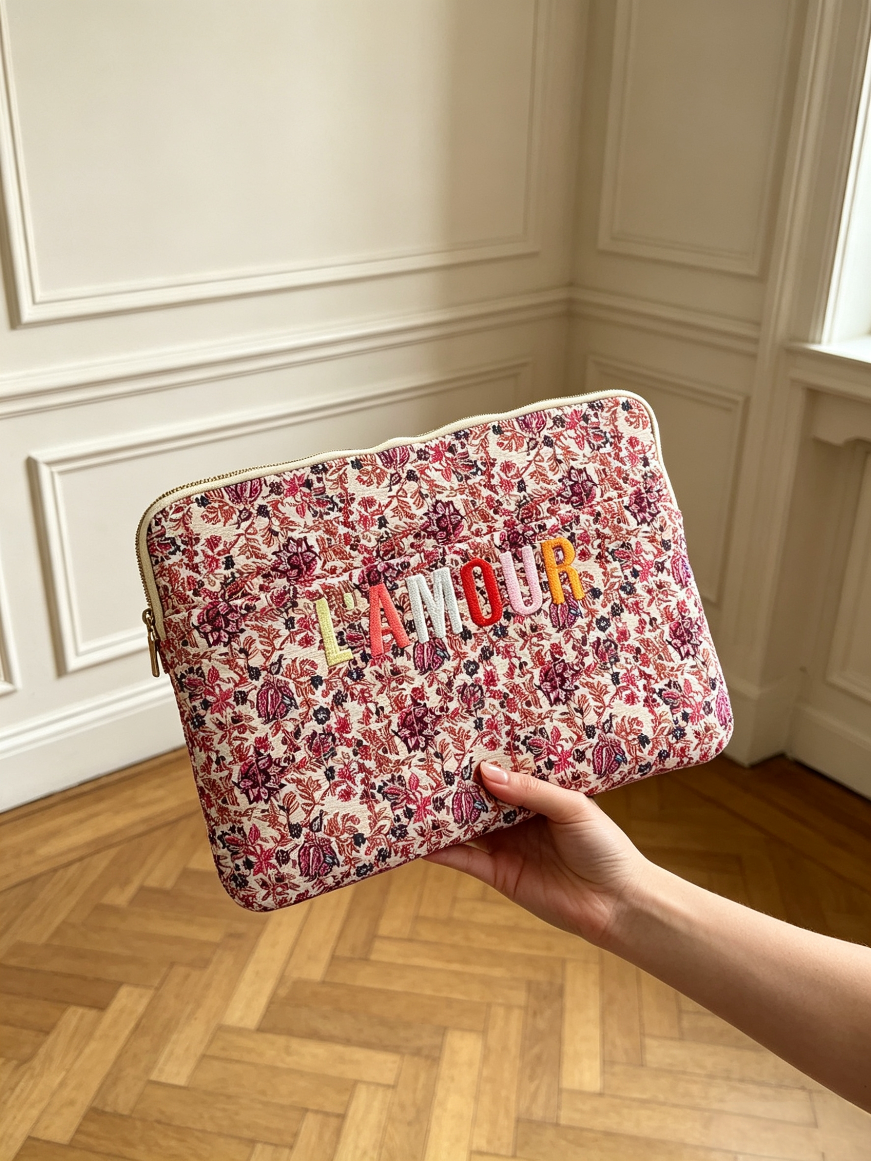 13-inch tablet or laptop sleeve in quilted cotton with printed and multicolored embroidery