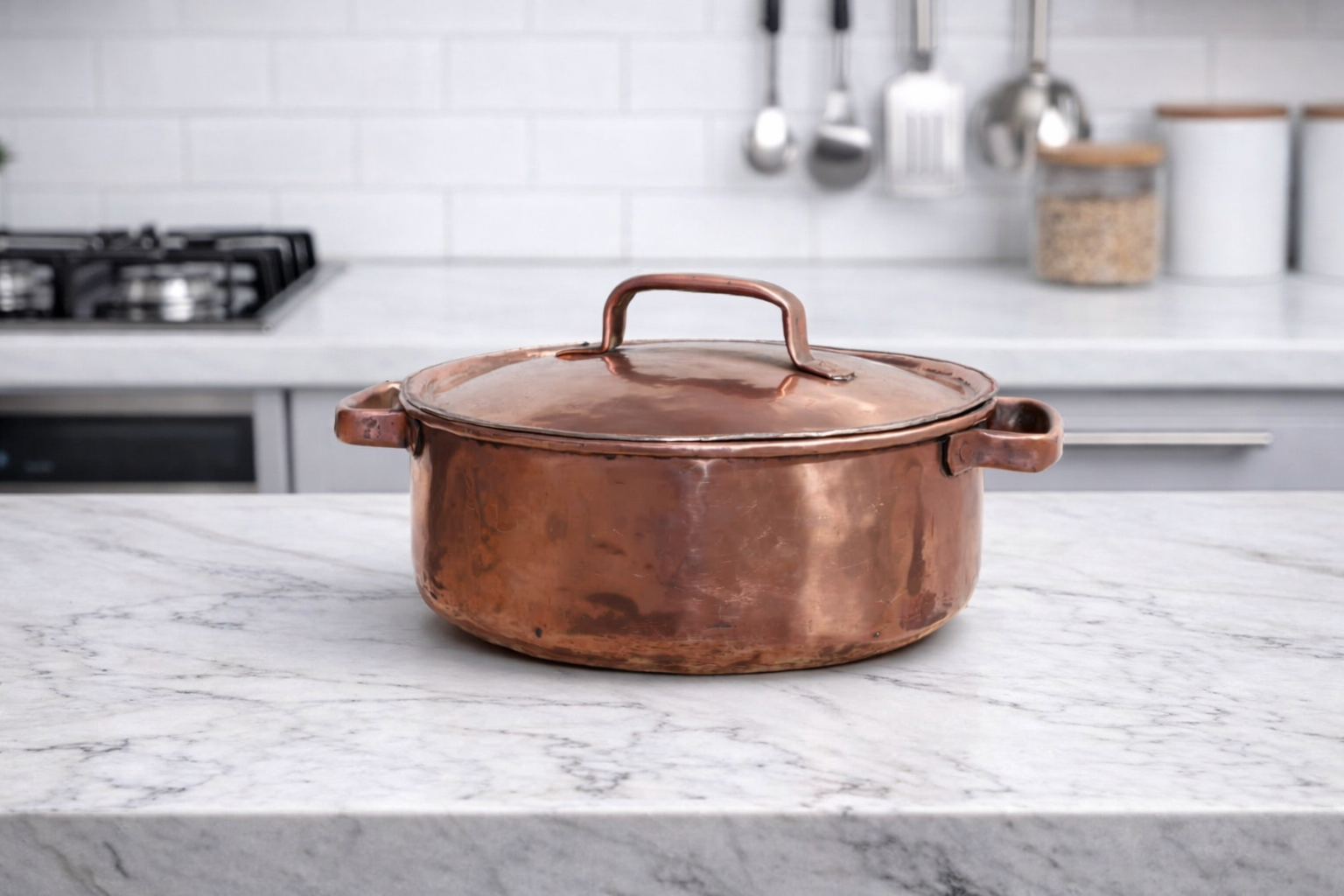 Round copper cooking pot with lid and hand-tinned interior, unique traditional kitchen