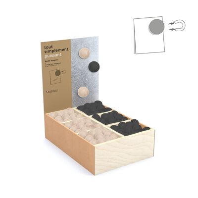 Expositor lleno de 180 pequeñas bolas magnéticas de madera - natural y negro + expositor gratuito