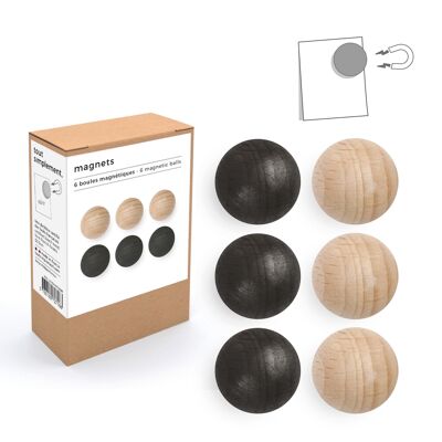 Box of 6 small wooden magnetic balls - natural / black