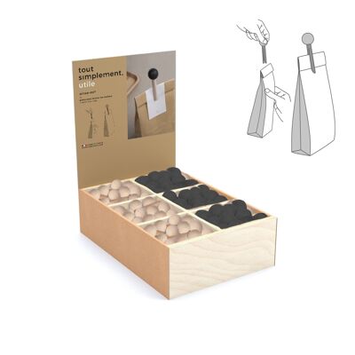 Display full of 180 wooden bag clips - natural and black + free display