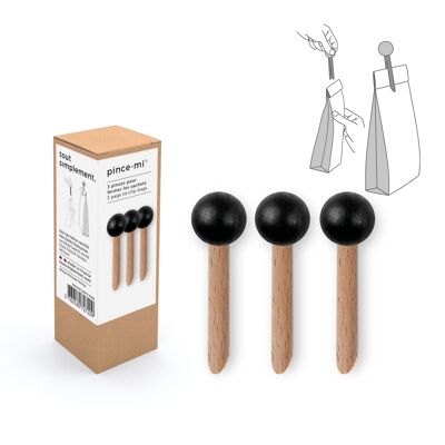 Box of 3 wooden bag clips - black