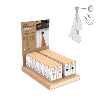 Display full of 48 boxes of 1 wooden magnetic clip for hanging tea towels - natural and black + free display