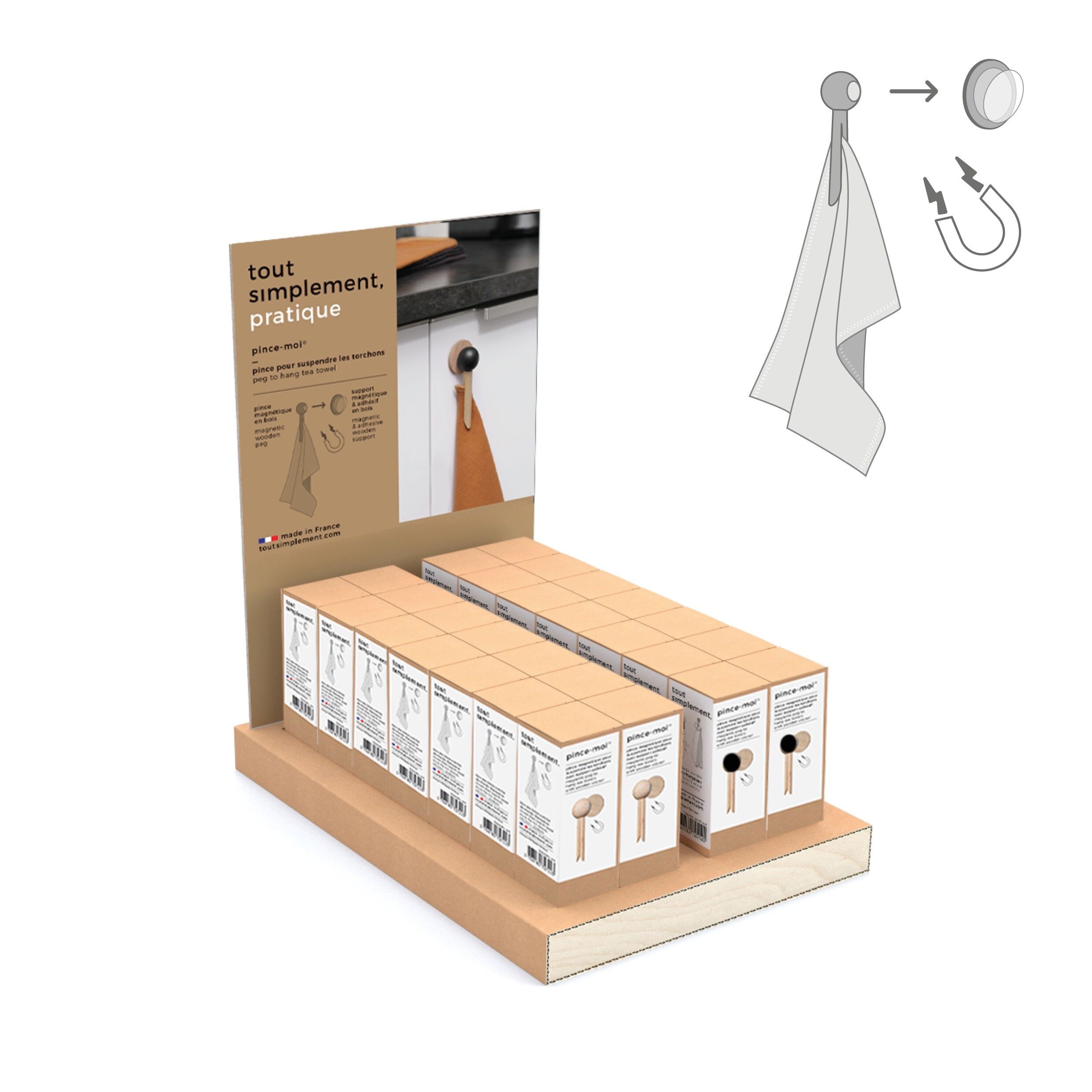 Präsentationsständer gefüllt mit 48 Schachteln mit je 1 magnetischen Geschirrtuchclip aus Holz „Pinch Me“ – natur und schwarz + kostenloser Präsentationsständer