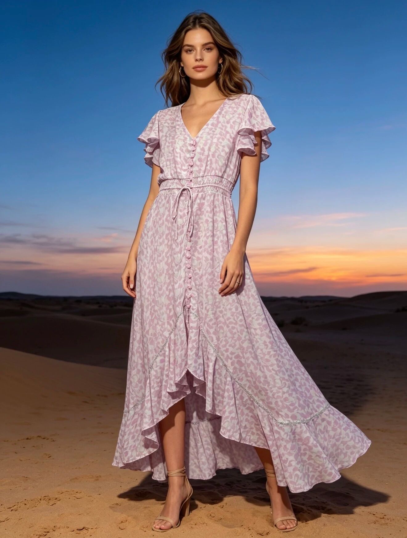 Asymmetrisches Maxikleid mit Printmuster, V-Ausschnitt und Knopfleiste vorne.