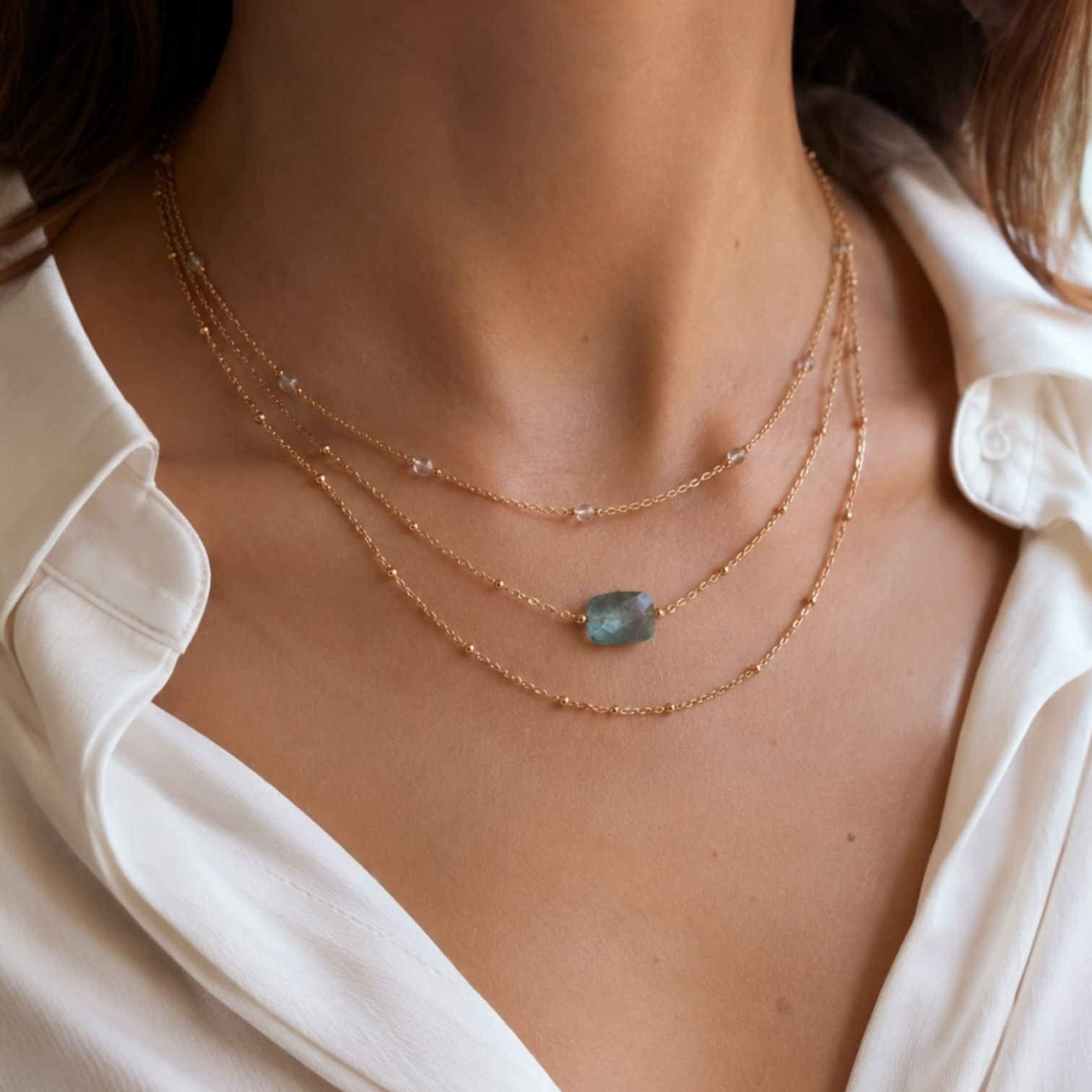 Collier Triple Rang Pierre Naturelle – Acier Inoxydable Doré