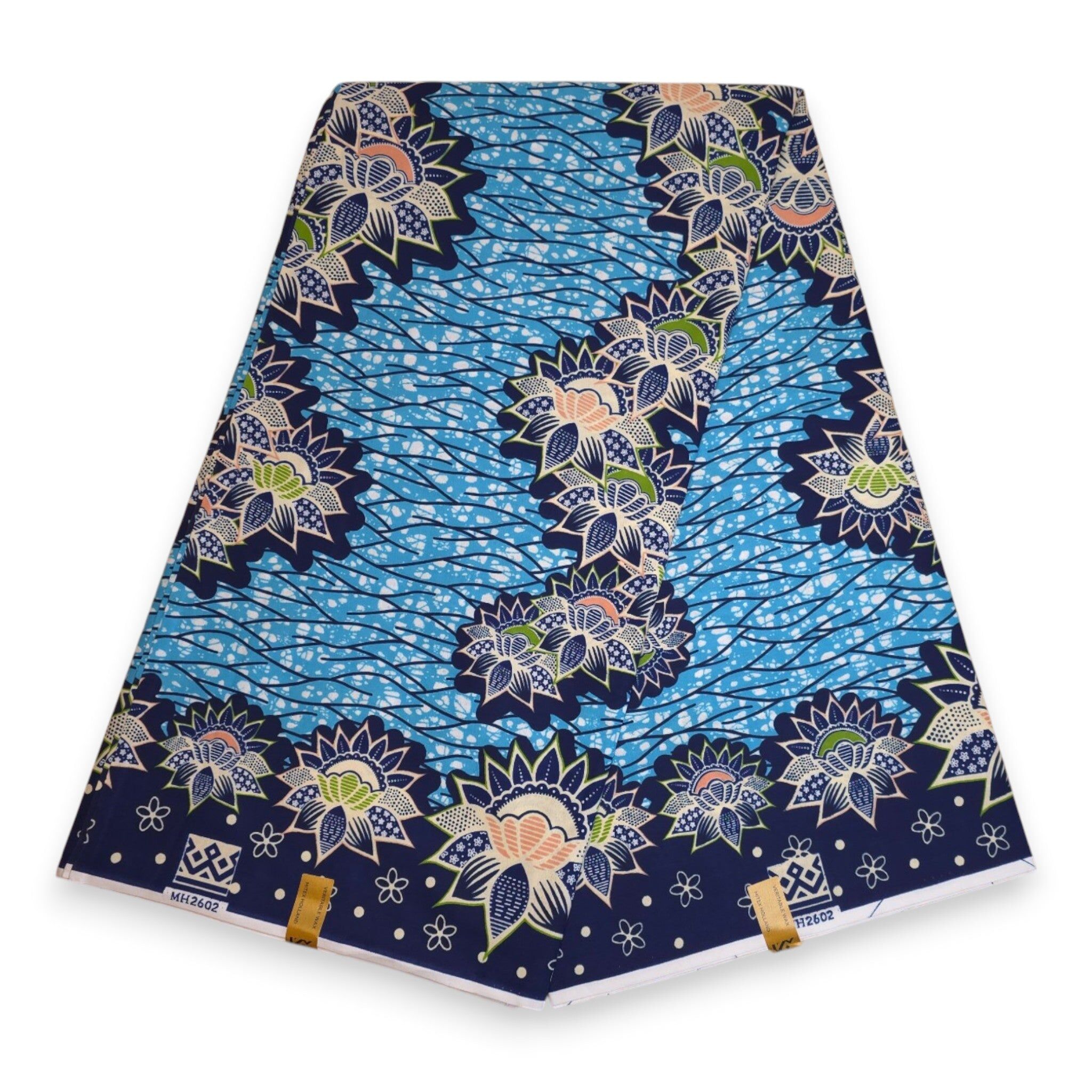 6 Yards - African Wax print fabric - Blue Lotus Border - 100% cotton