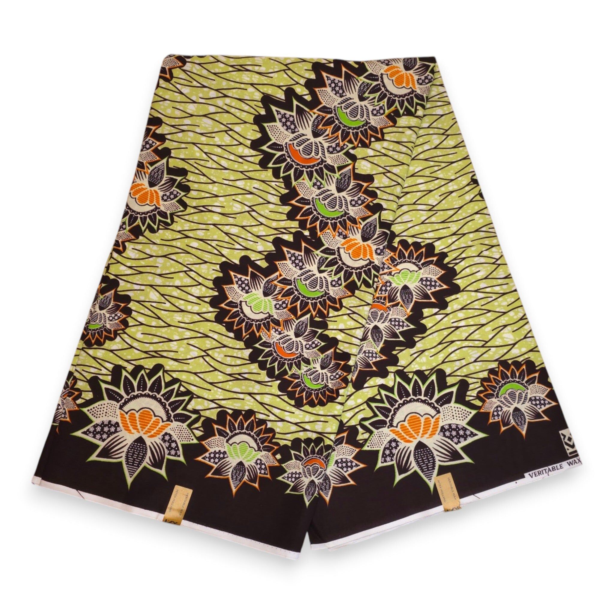 6 Yards - African Wax print fabric - Green Black Lotus Border - 100% cotton
