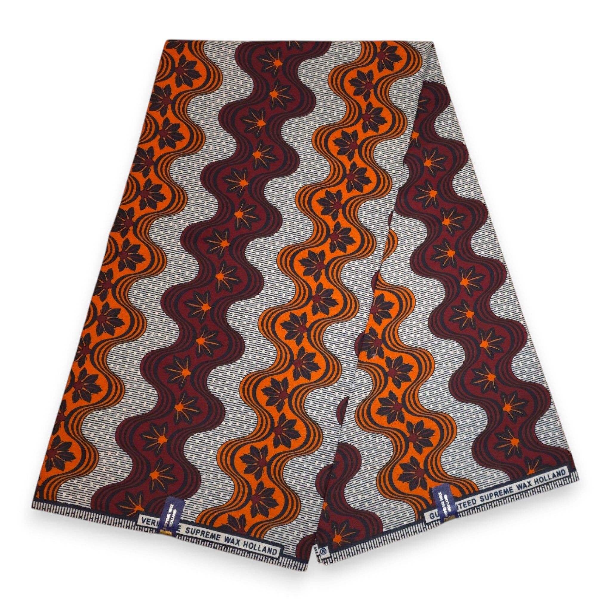 6 Yards - African Wax print fabric - Orange Burgundy Wavy Stripe Bloom - 100% cotton