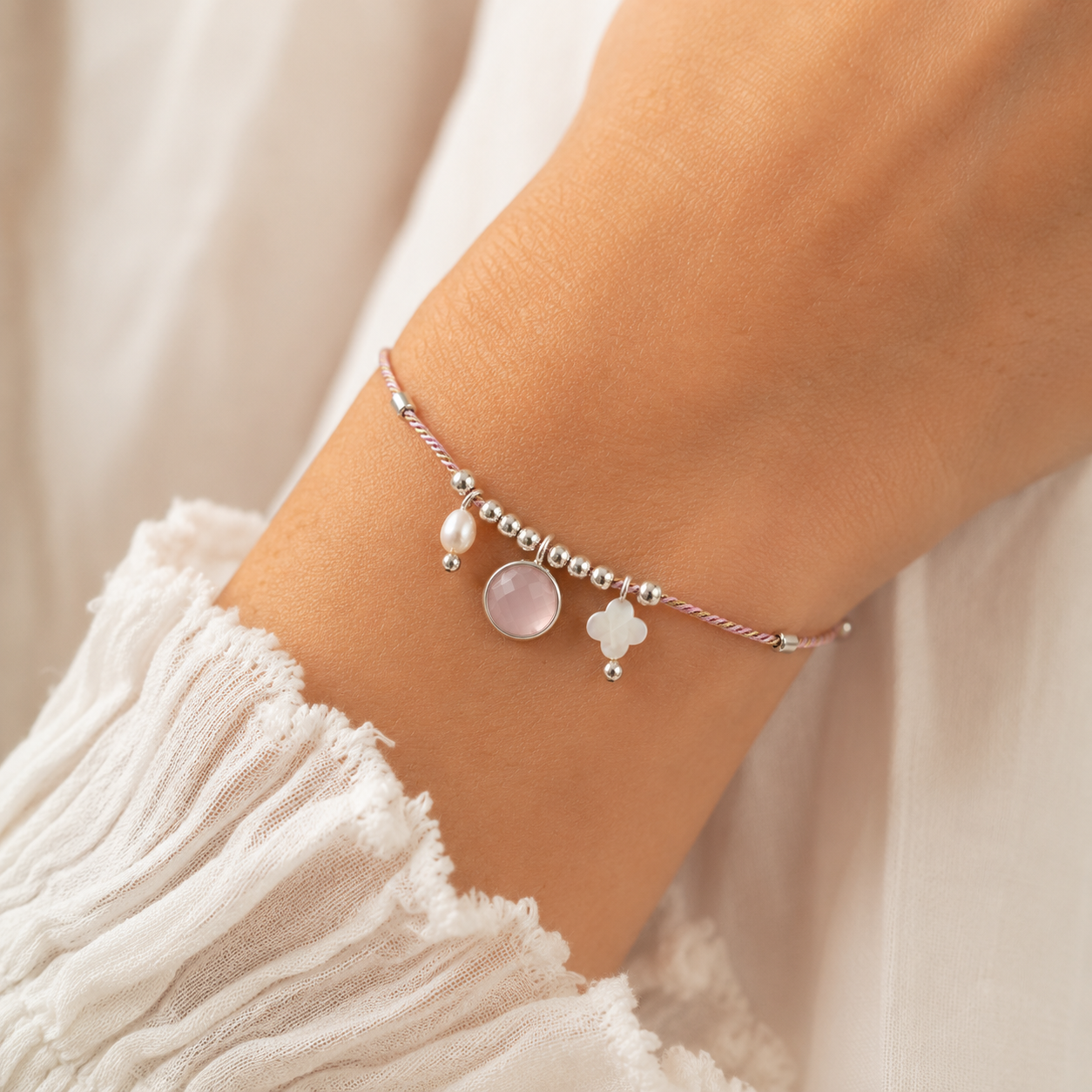 Bracelet cordon Quartz Rose, Nacre & Perle de Culture – Argent 925