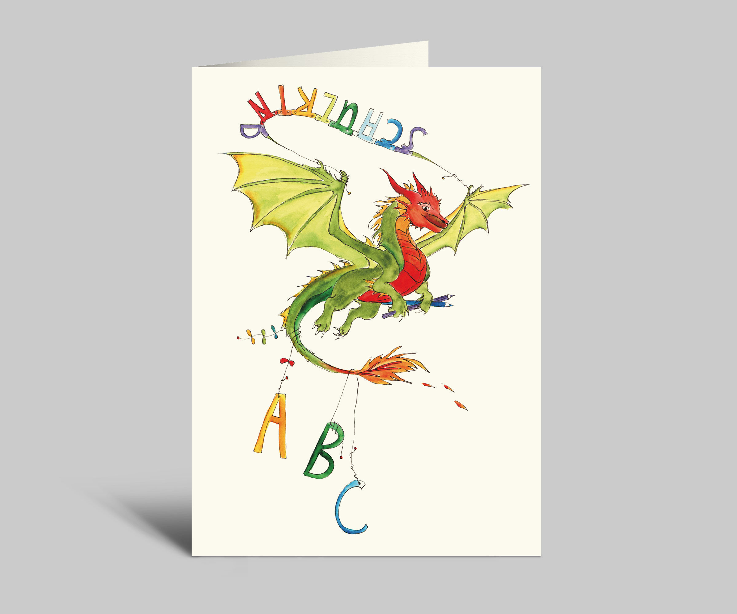 Back to school card | ABC dragon with fire tail | Schoolchild | Watercolor card with envelope for the first day of school