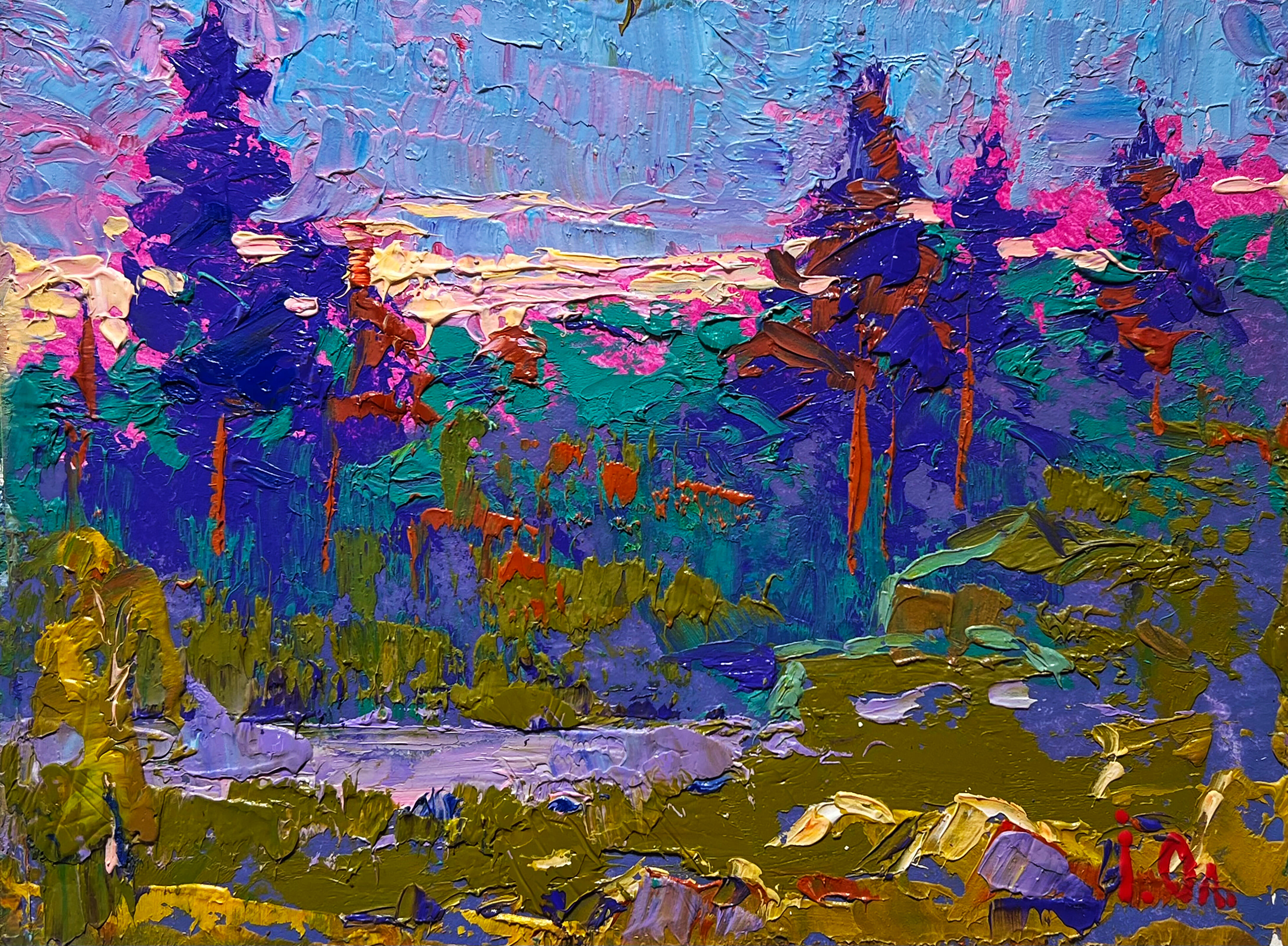 Dipinto ad olio "Incontro con l'alba nella natura" di Oleksiy Ivanyuk, 15x20 cm.