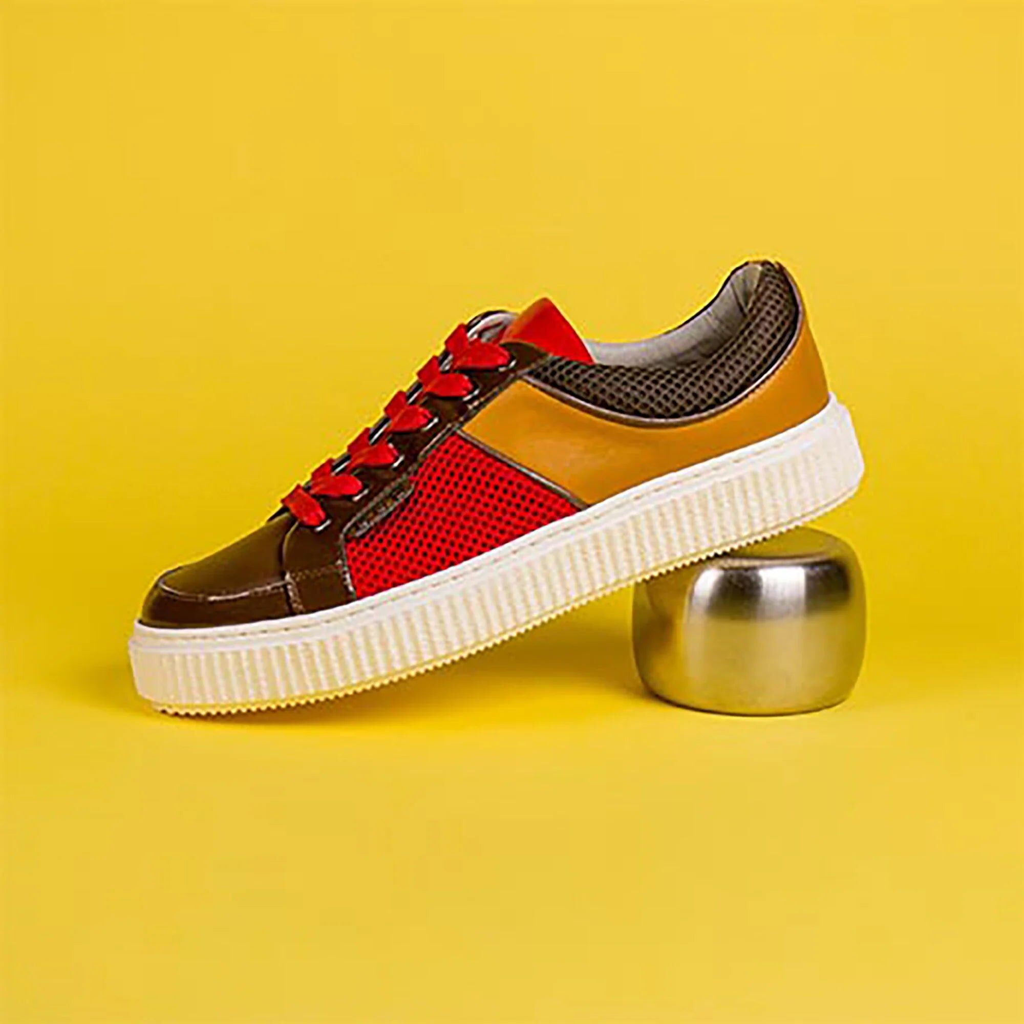 Basket Deaker en cuir et nylon recyclé marron, rouge et curry