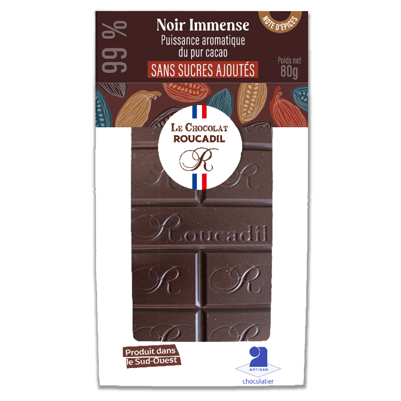 Tavoletta di cioccolato fondente dall'intensa aromaticità, ottenuta dal 99% di cacao puro - 80 g